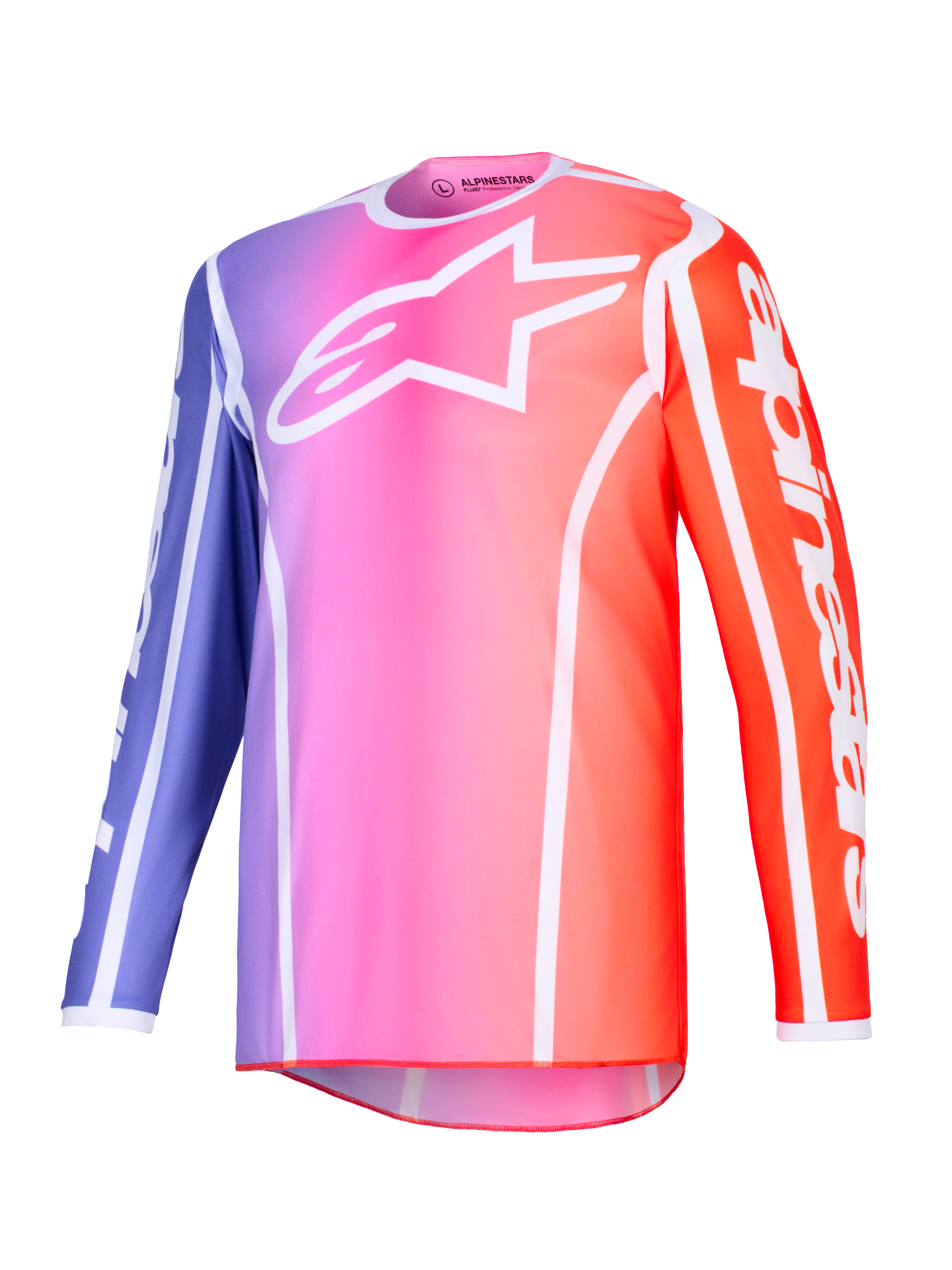 Alpinestars 2026 Fluid Apex Jersey, koszulka motocrossowa, fioletowy, różowy i pomarańczowy gradient z białymi akcentami, białe logo Astars na piersi i branding na rękawach, lekki materiał poliestrowy