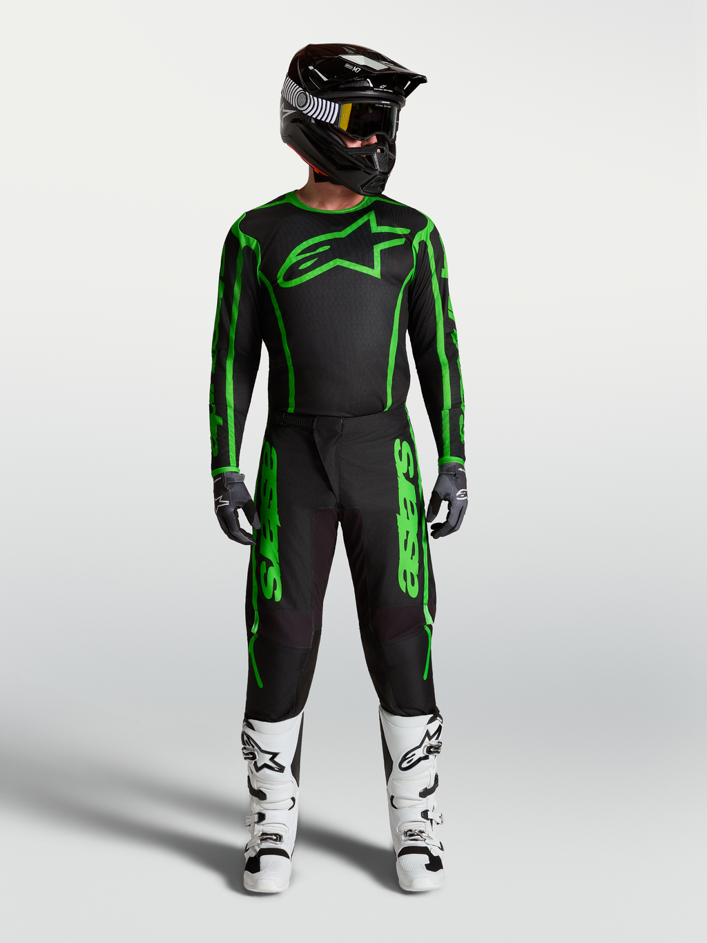 Alpinestars Fluid Apex V2, męskie spodnie motocrossowe, czarne i zielone fluo, pełny zestaw wyścigowy z białymi butami