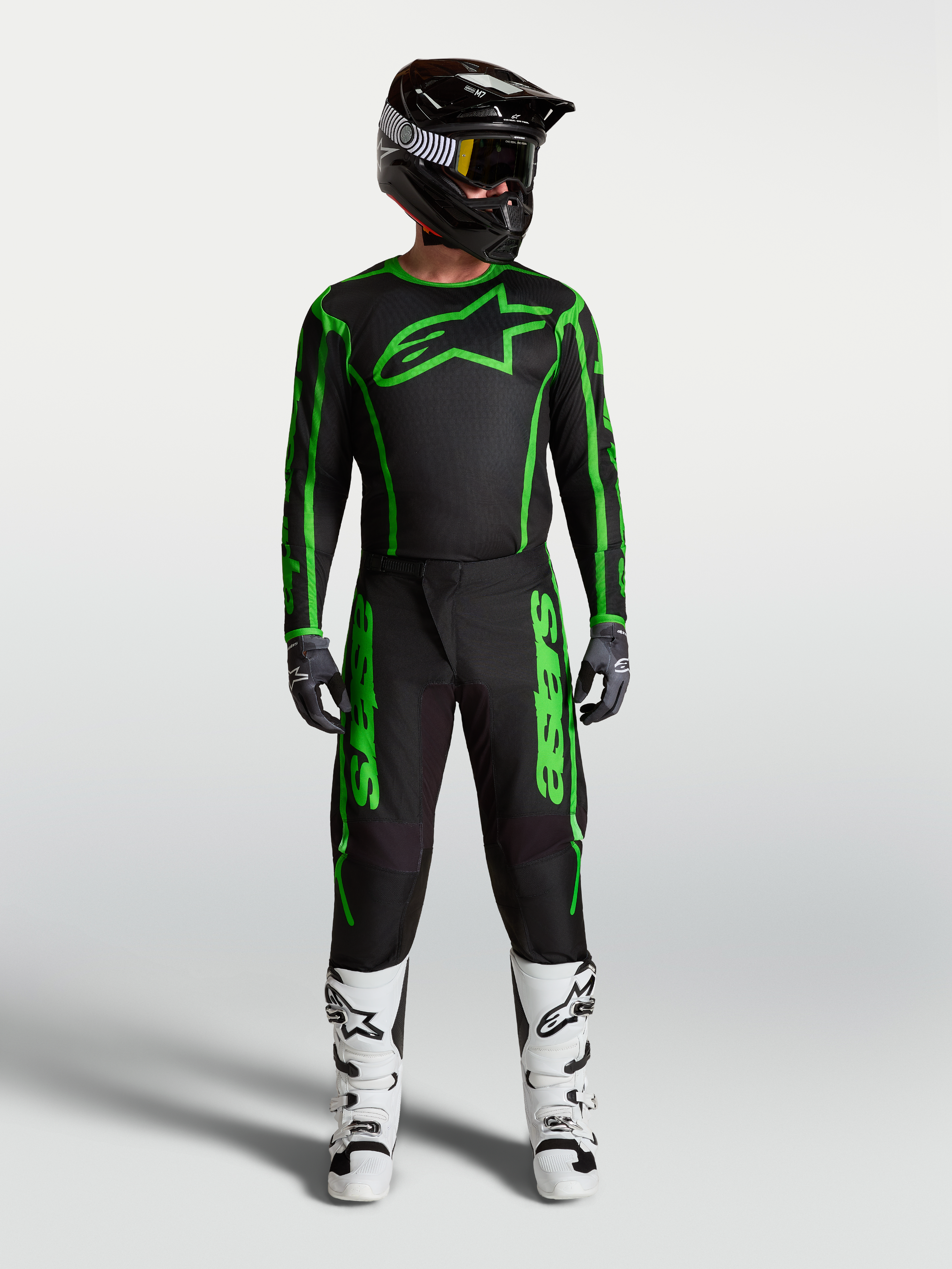 Alpinestars Fluid Apex V2, męskie spodnie motocrossowe, czarne i zielone fluo, pełny zestaw wyścigowy z białymi butami
