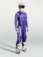 Alpinestars Koszulka Fluid Apex V2 i spodnie, niebieski i biały zestaw motocrossowy na modelu z kaskiem i butami