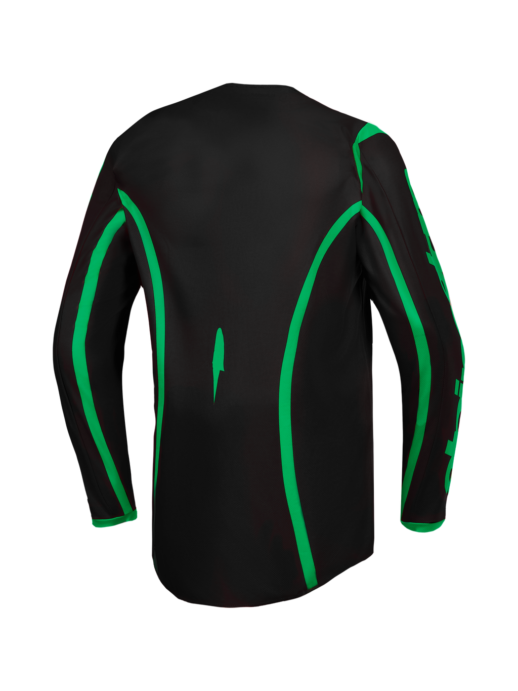 Alpinestars Fluid Apex V2, męska koszulka motocrossowa, czarna i jaskrawozielona, widok z tyłu z wydłużonym krojem.