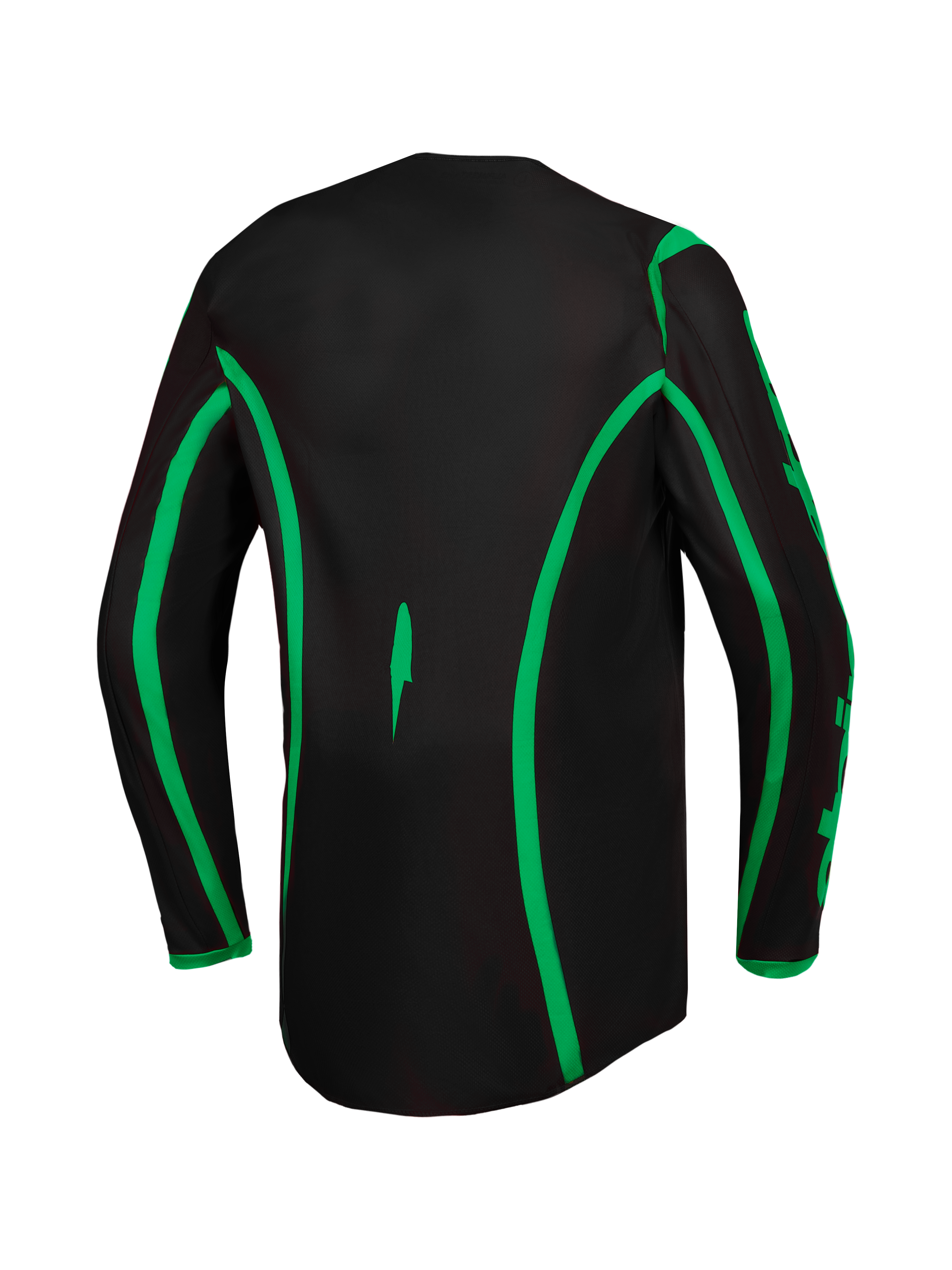 Alpinestars Fluid Apex V2, męska koszulka motocrossowa, czarna i jaskrawozielona, widok z tyłu z wydłużonym krojem.