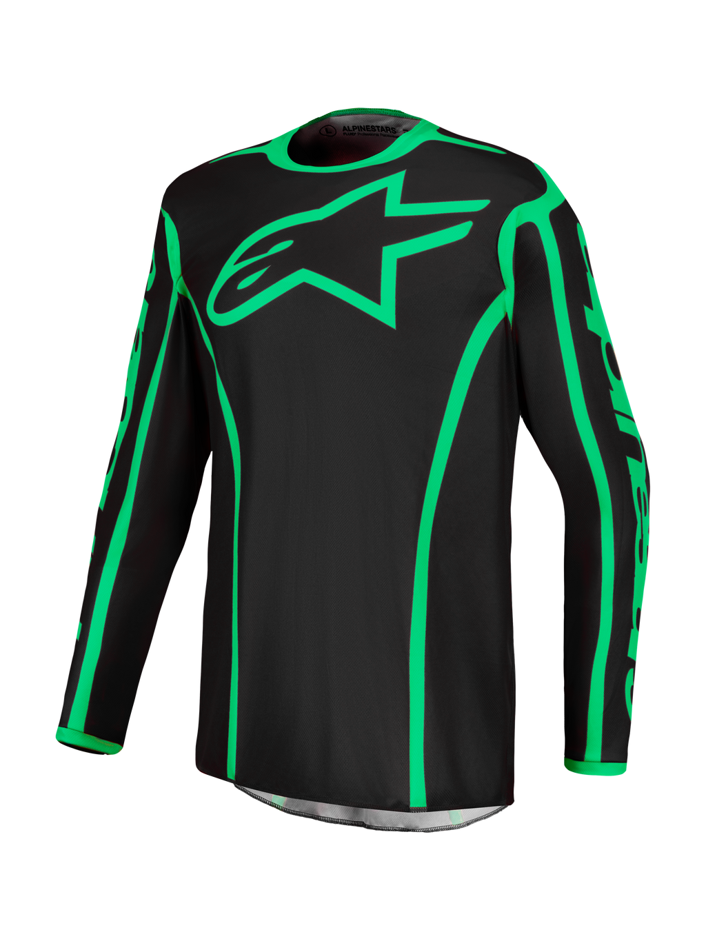 Alpinestars Koszulka Fluid Apex V2, męska koszulka motocrossowa, czarno-jaskrawozielona, oddychający poliester.