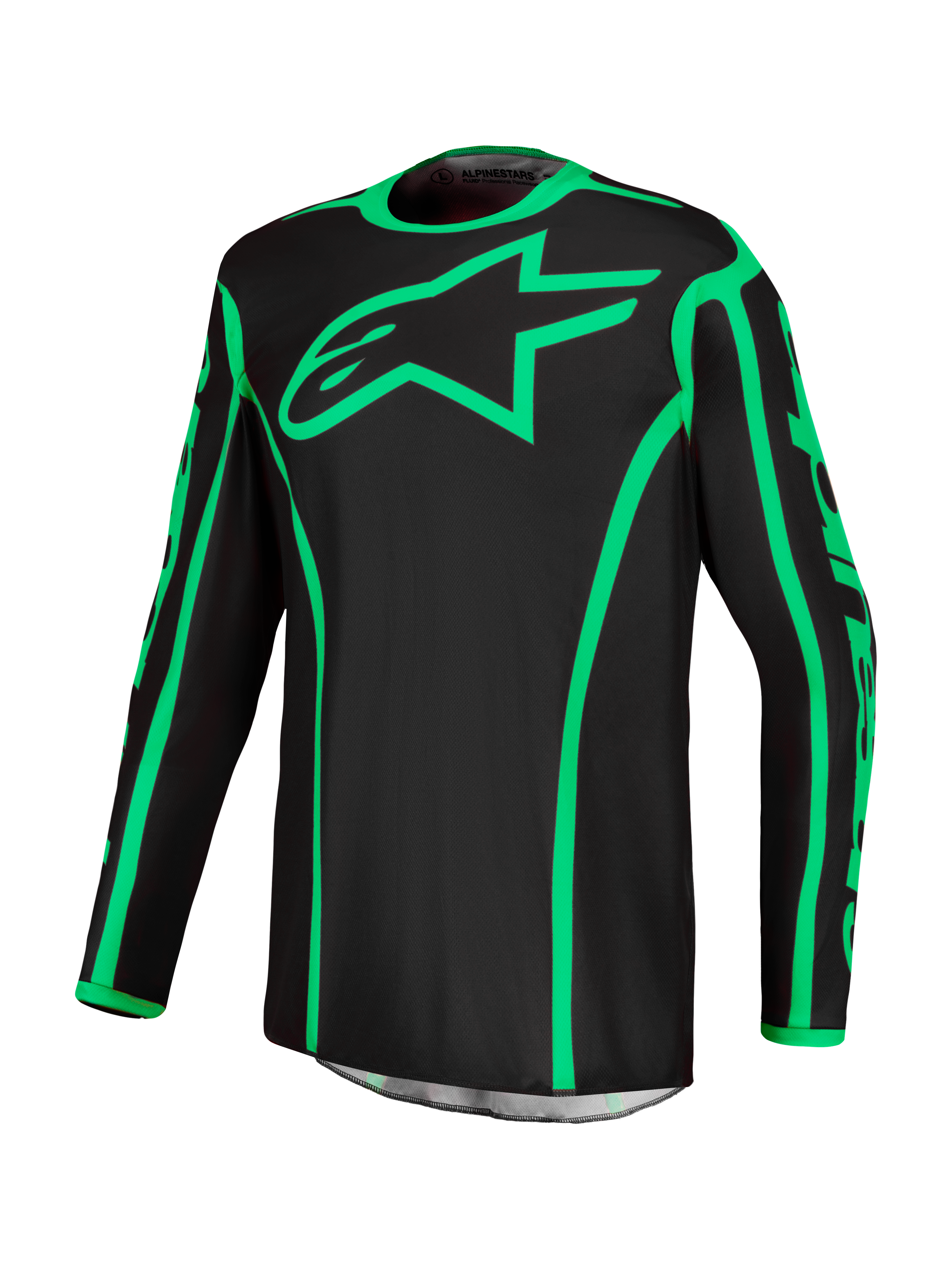 Alpinestars Koszulka Fluid Apex V2, męska koszulka motocrossowa, czarno-jaskrawozielona, oddychający poliester.