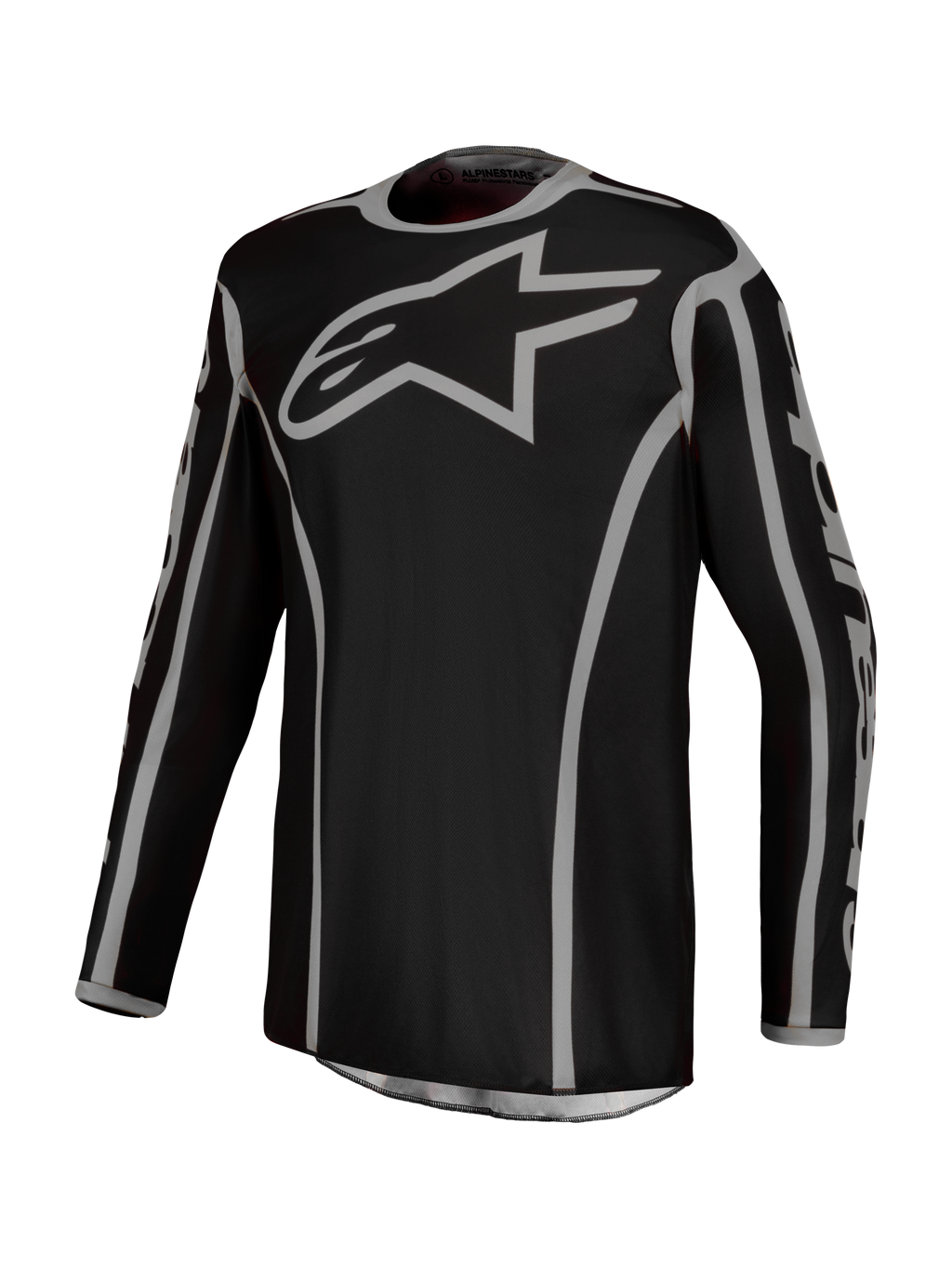 Alpinestars Fluid Apex V2 Jersey, Men's Motocross Jersey in Black and Silver, breathable moisture-wicking polyfabric.