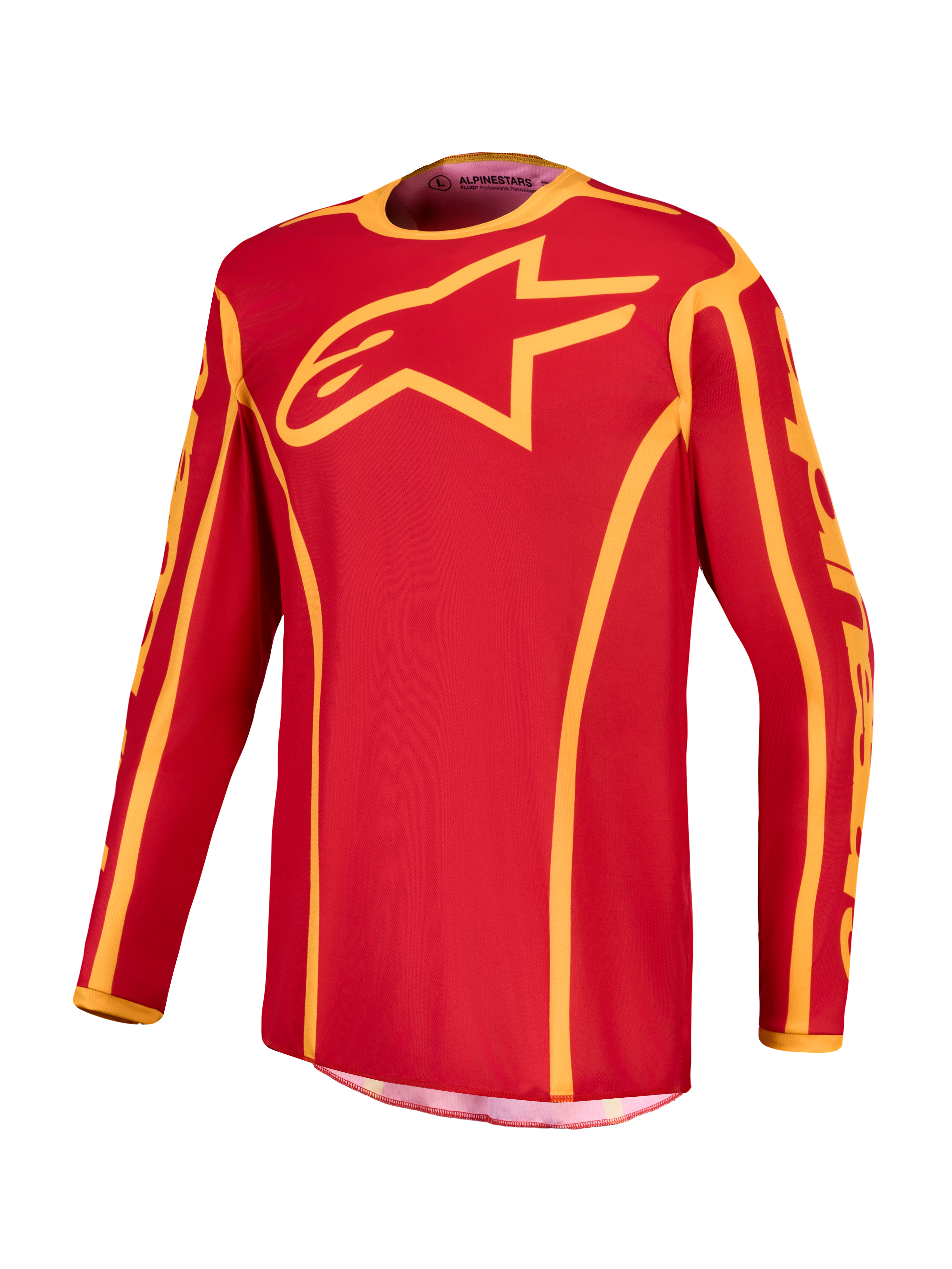 Alpinestars Fluid Apex V2, męska koszulka motocrossowa, czerwona i złota, logo Astars na piersi, lekki poliester odprowadzający wilgoć, sportowy krój off-road
