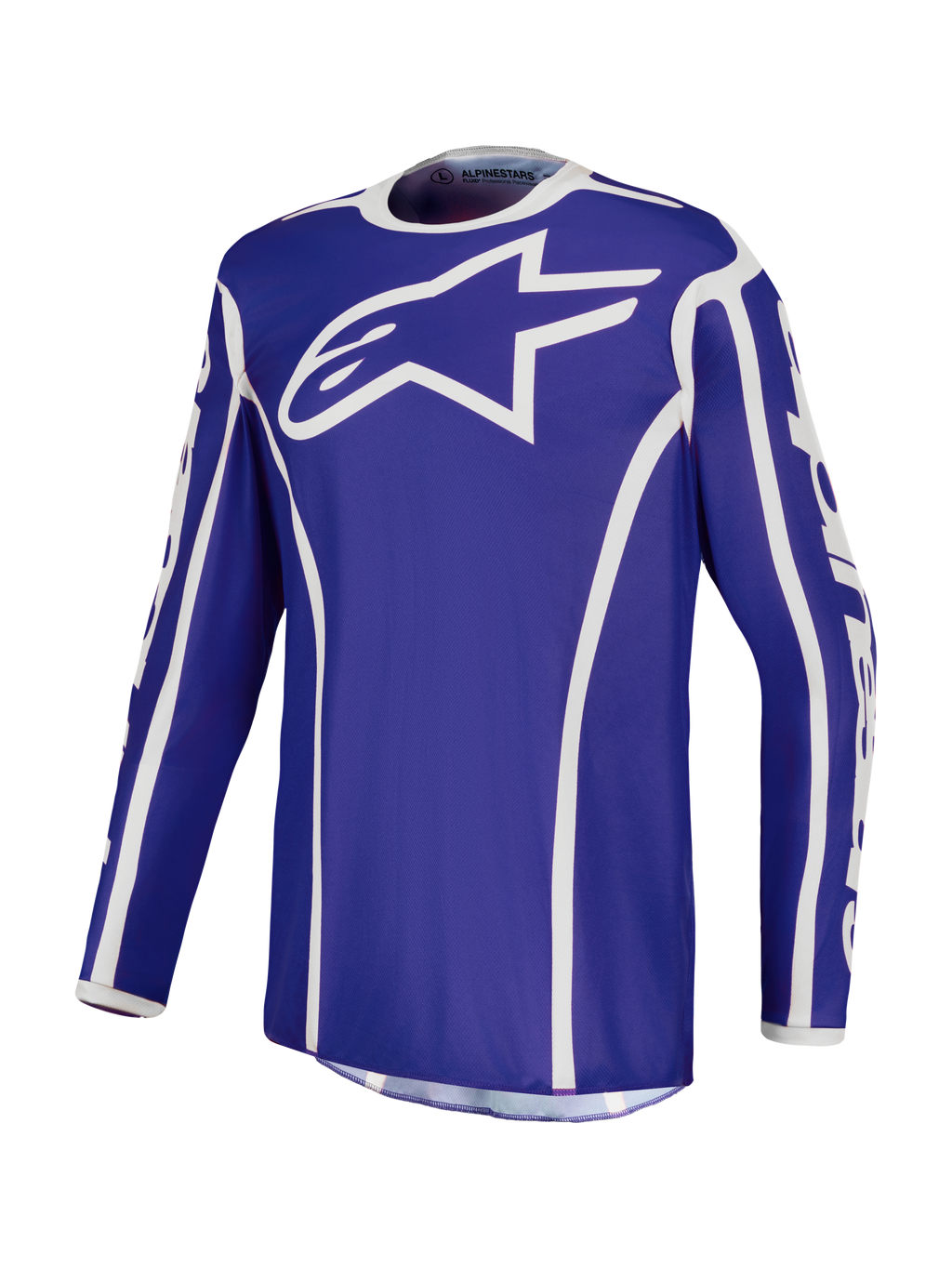 Alpinestars Koszulka Fluid Apex V2, męska koszulka motocrossowa, niebieska i biała, lekki poliester odprowadzający wilgoć, sportowy krój.