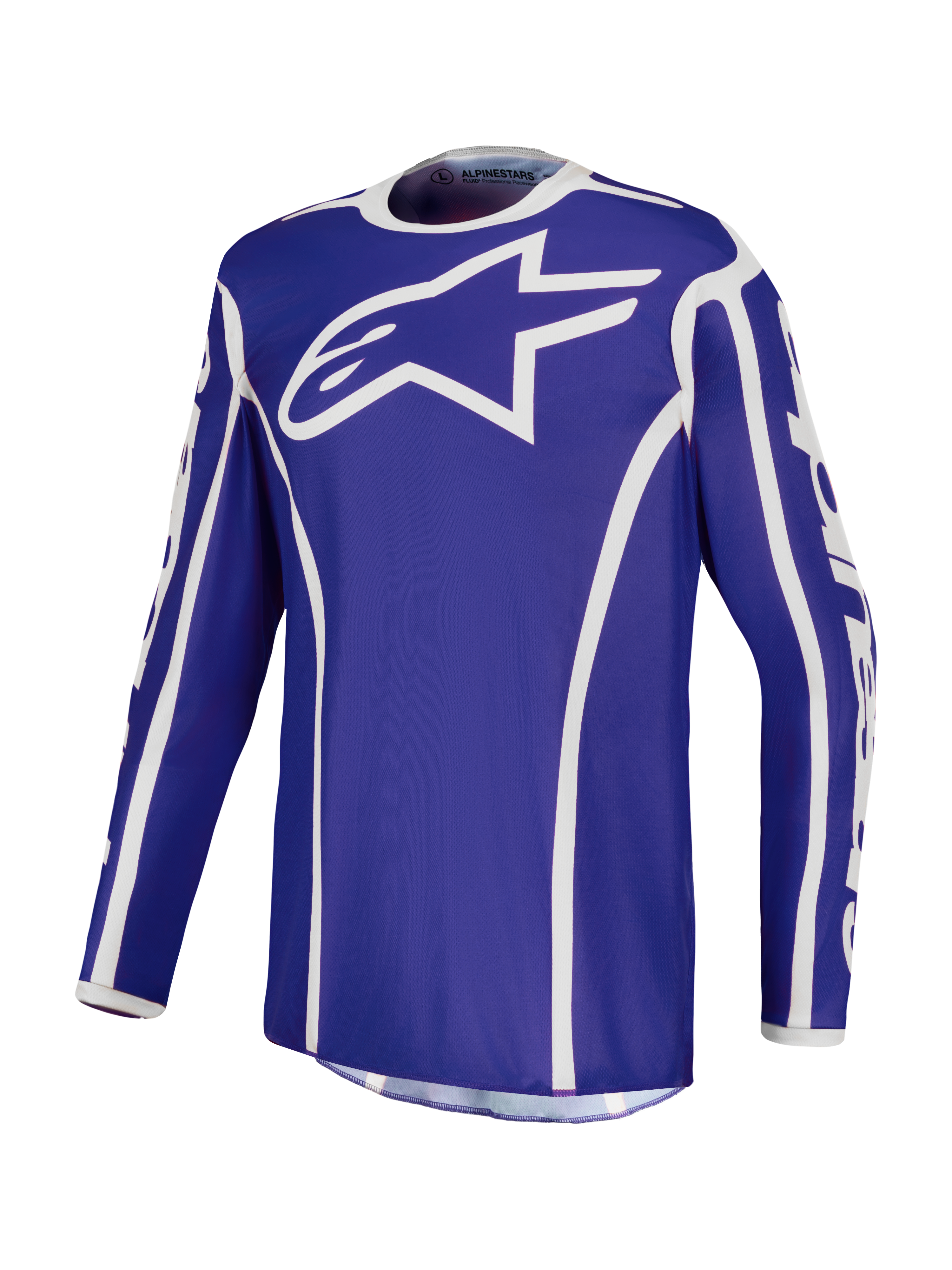 Alpinestars Koszulka Fluid Apex V2, męska koszulka motocrossowa, niebieska i biała, lekki poliester odprowadzający wilgoć, sportowy krój.