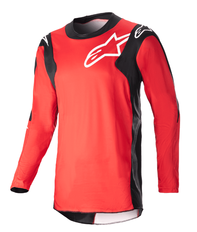 Alpinestars 2023 Racer Hoen Jersey, Long-Sleeve Motocross Jersey, Mars Red and Black, featuring a white chest logo, lightweight performance fabric, sporty design for off-road racing