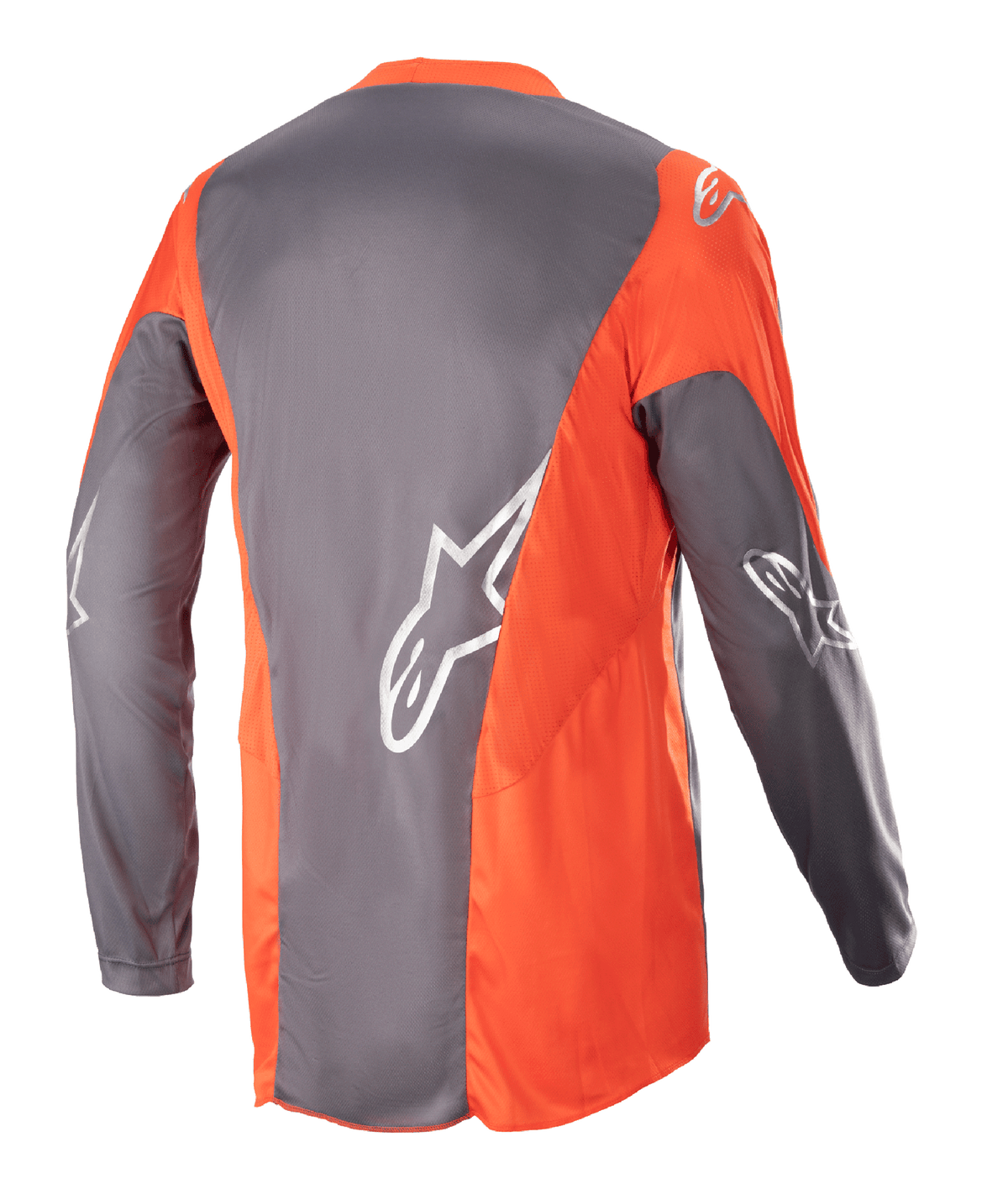 Alpinestars Racer Hoen Jersey 2023, koszulka motocrossowa, Magnet Hot Orange, widok z tyłu przedstawiający szare i pomarańczowe panele ze srebrnymi logotypami Astars na rękawach i plecach, wyczynowa odzież off-road