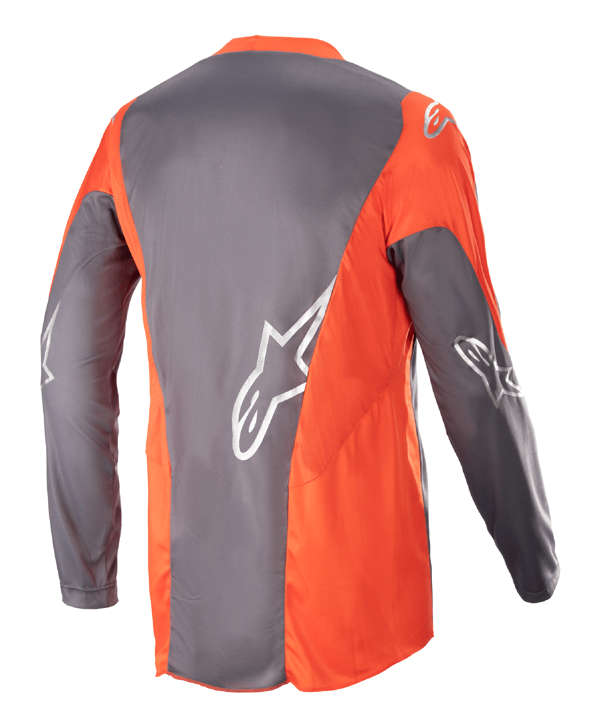 Alpinestars Racer Hoen Jersey 2023, koszulka motocrossowa, Magnet Hot Orange, widok z tyłu przedstawiający szare i pomarańczowe panele ze srebrnymi logotypami Astars na rękawach i plecach, wyczynowa odzież off-road