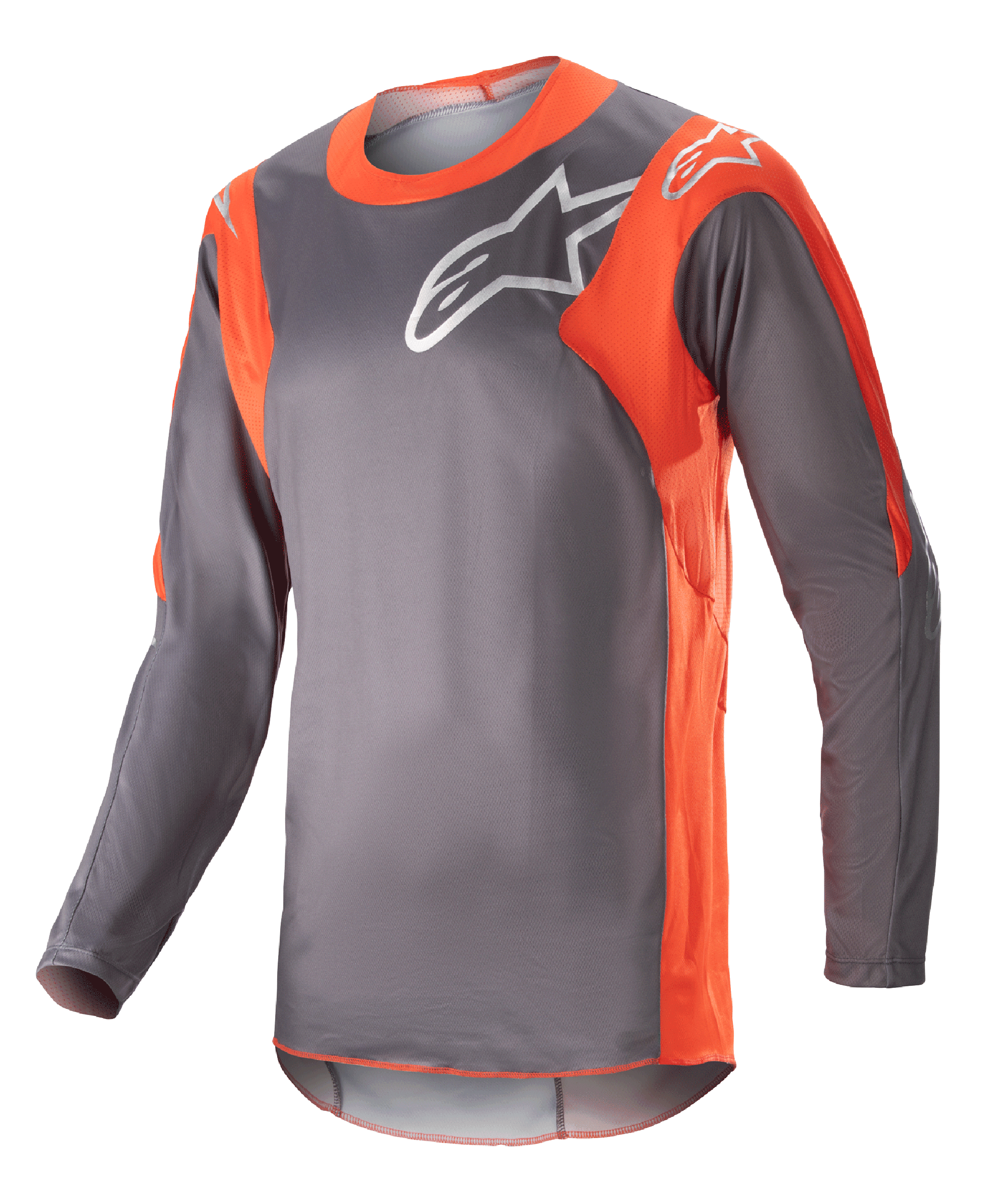 Alpinestars 2023 Racer Hoen Jersey, koszulka motocrossowa z długim rękawem, szara z jaskrawopomarańczowymi elementami, białe logo Alpinestars na klatce piersiowej i ramionach, lekka tkanina techniczna do wyścigów terenowych