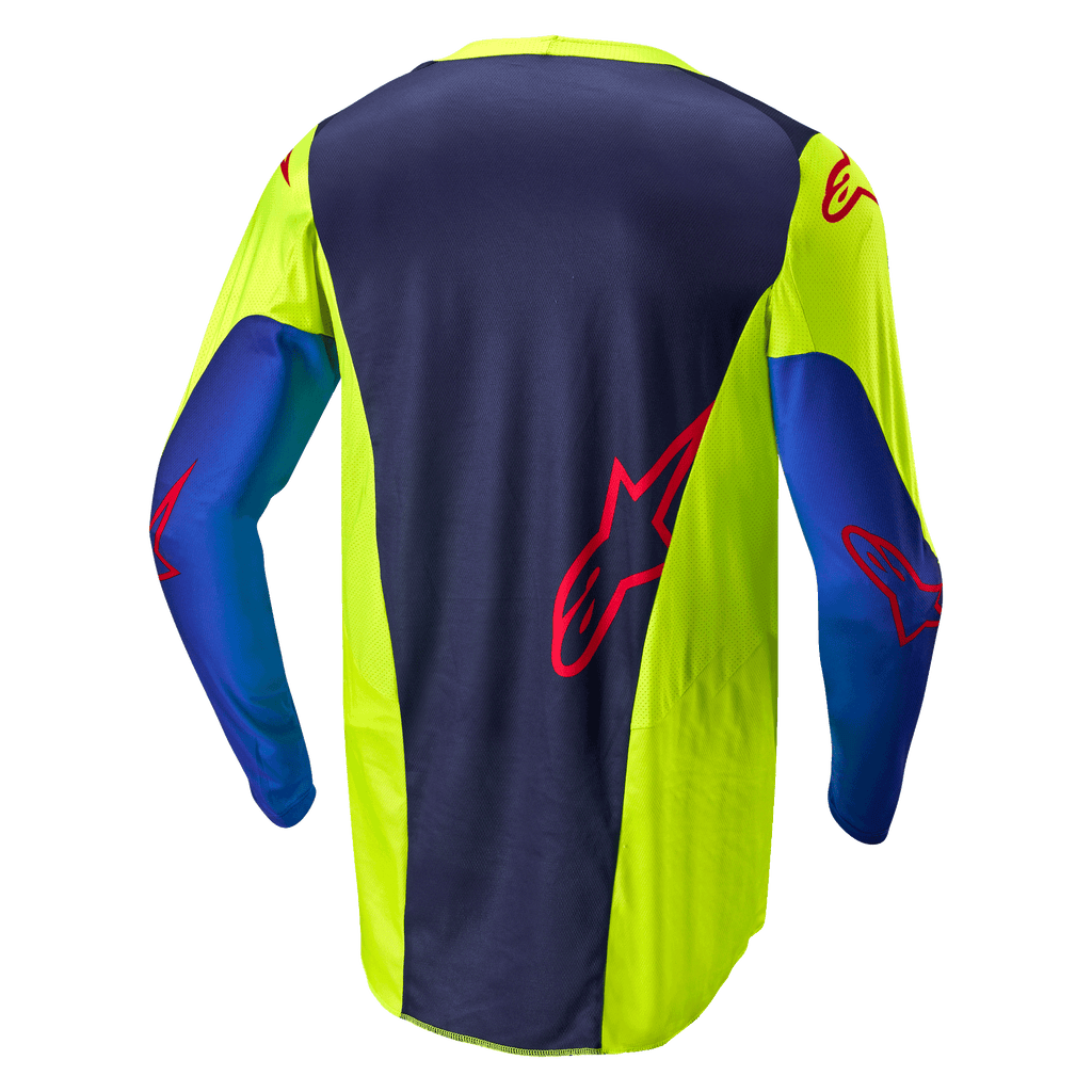 Alpinestars 2024 Racer Hoen Jersey, koszulka motocrossowa, żółty fluo i granatowy, widok z tyłu przedstawiający ciemnoniebieski panel środkowy z czerwonym logo, jaskrawożółte sekcje boczne, długie rękawy i oddychająca tkanina siatkowa zaprojektowana do jazdy w terenie.