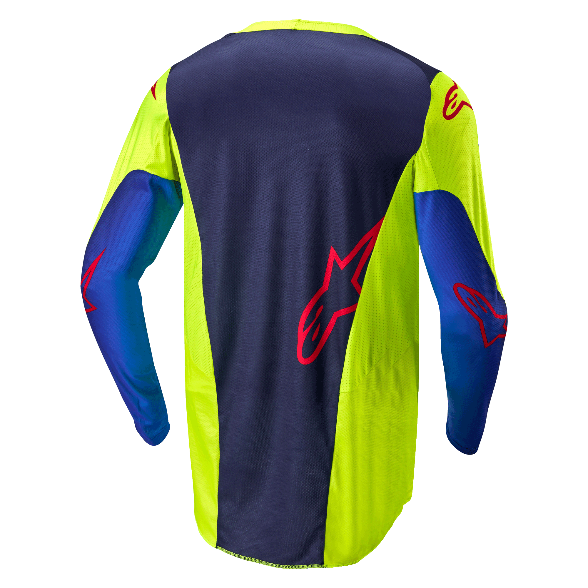 Alpinestars 2024 Racer Hoen Jersey, koszulka motocrossowa, żółty fluo i granatowy, widok z tyłu przedstawiający ciemnoniebieski panel środkowy z czerwonym logo, jaskrawożółte sekcje boczne, długie rękawy i oddychająca tkanina siatkowa zaprojektowana do jazdy w terenie.