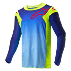 Alpinestars 2024 Racer Hoen Jersey, koszulka motocrossowa, żółty fluo i granatowy Blue Night Navy, niebieski korpus z gradientem i fluorescencyjnymi żółtymi panelami, czerwone logo Alpinestars na klatce piersiowej i ramionach, techniczna odzież off-road z długim rękawem