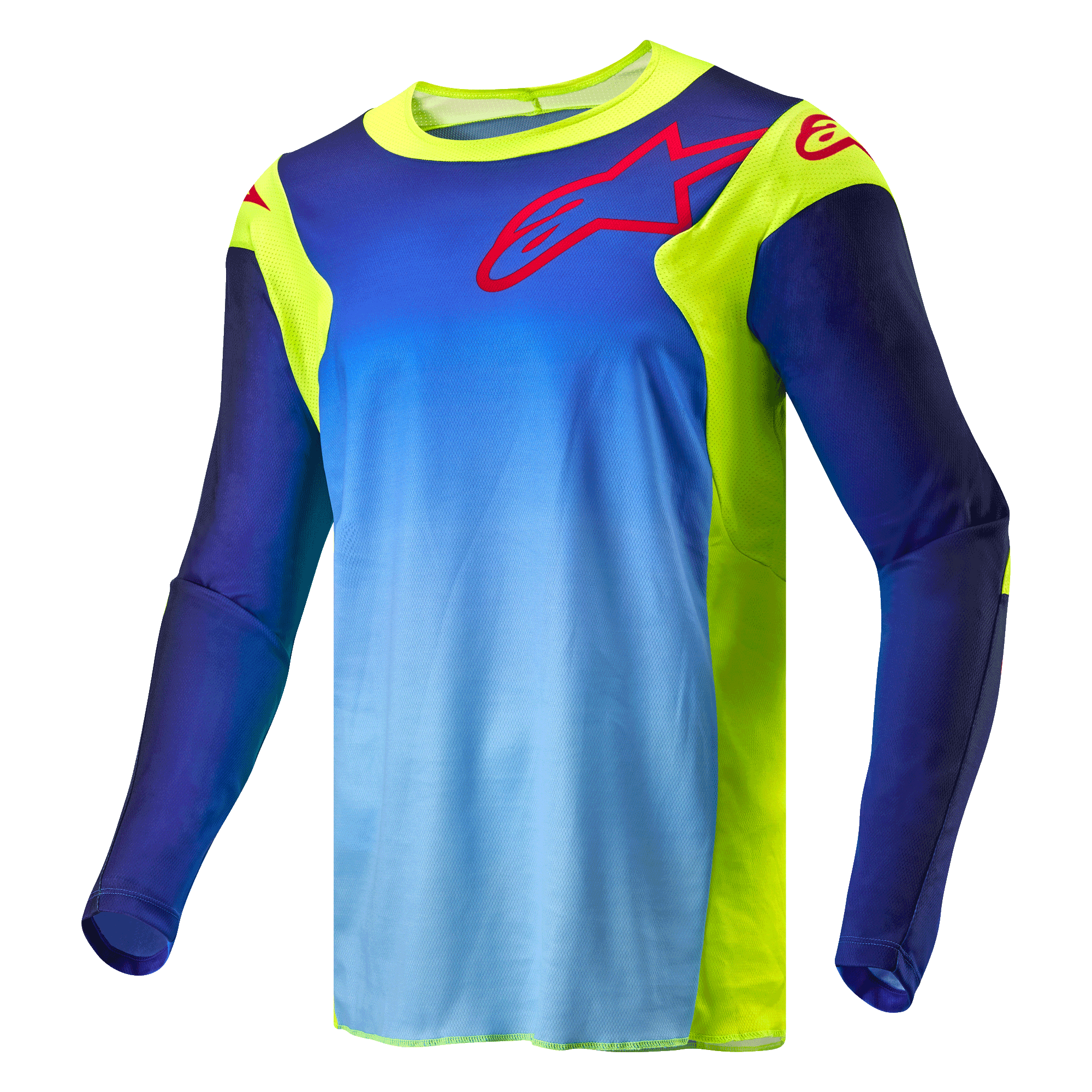 Alpinestars 2024 Racer Hoen Jersey, koszulka motocrossowa, żółty fluo i granatowy Blue Night Navy, niebieski korpus z gradientem i fluorescencyjnymi żółtymi panelami, czerwone logo Alpinestars na klatce piersiowej i ramionach, techniczna odzież off-road z długim rękawem
