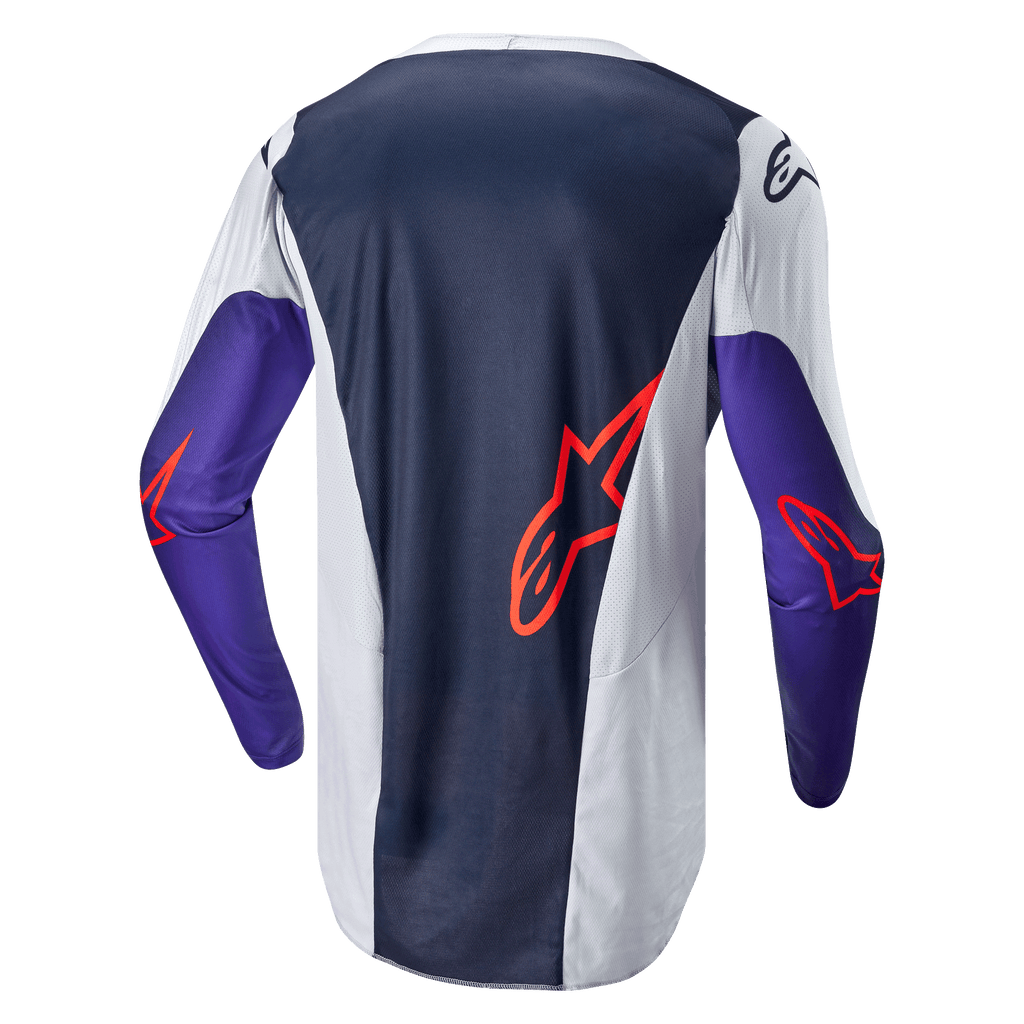 Alpinestars 2024 Racer Hoen Jersey, koszulka motocrossowa, widok z tyłu, granatowy i jasnoszary z fioletowymi rękawami, pomarańczowe logo Alpinestars, techniczna tkanina siatkowa zapewniająca wydajność w terenie