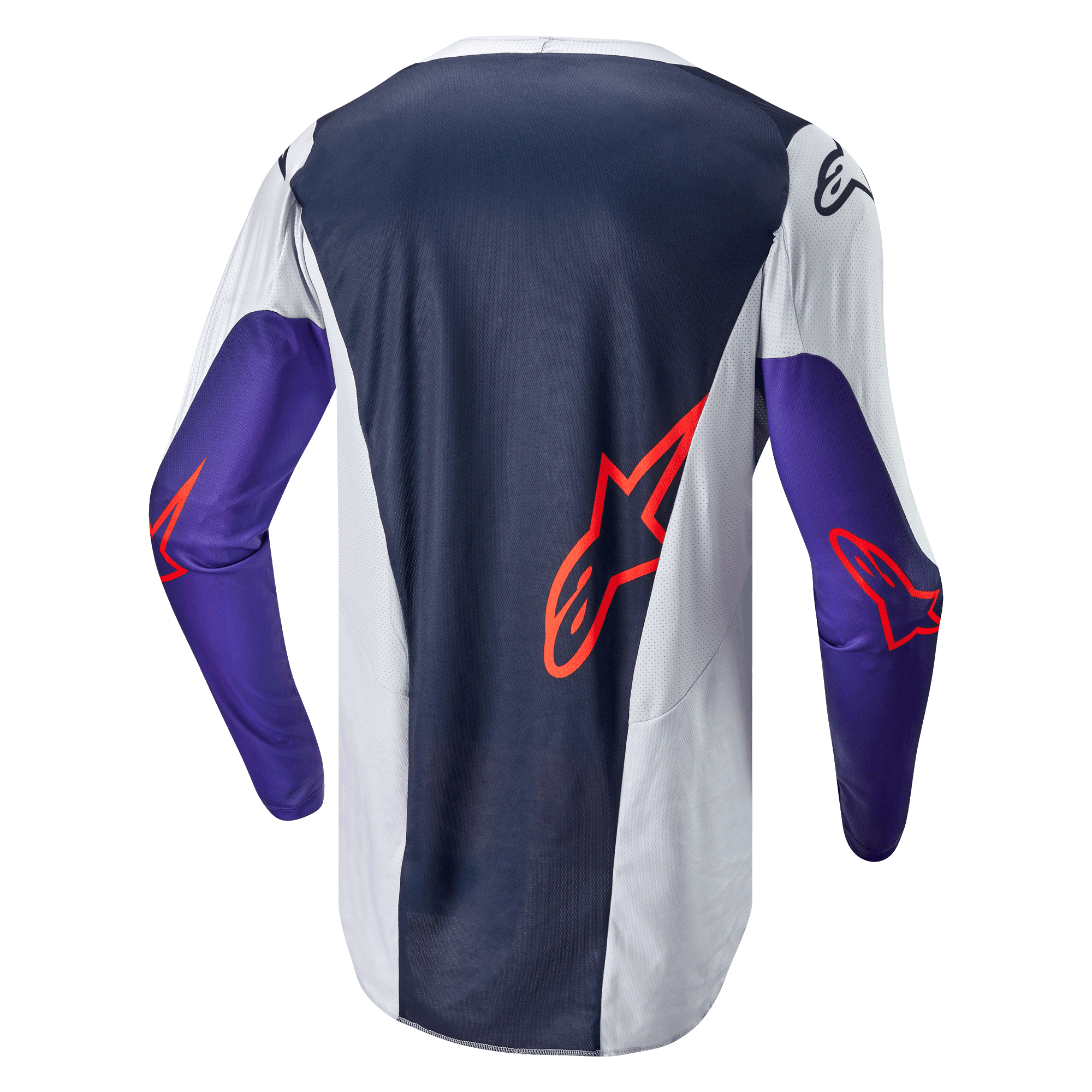 Alpinestars 2024 Racer Hoen Jersey, koszulka motocrossowa, widok z tyłu, granatowy i jasnoszary z fioletowymi rękawami, pomarańczowe logo Alpinestars, techniczna tkanina siatkowa zapewniająca wydajność w terenie