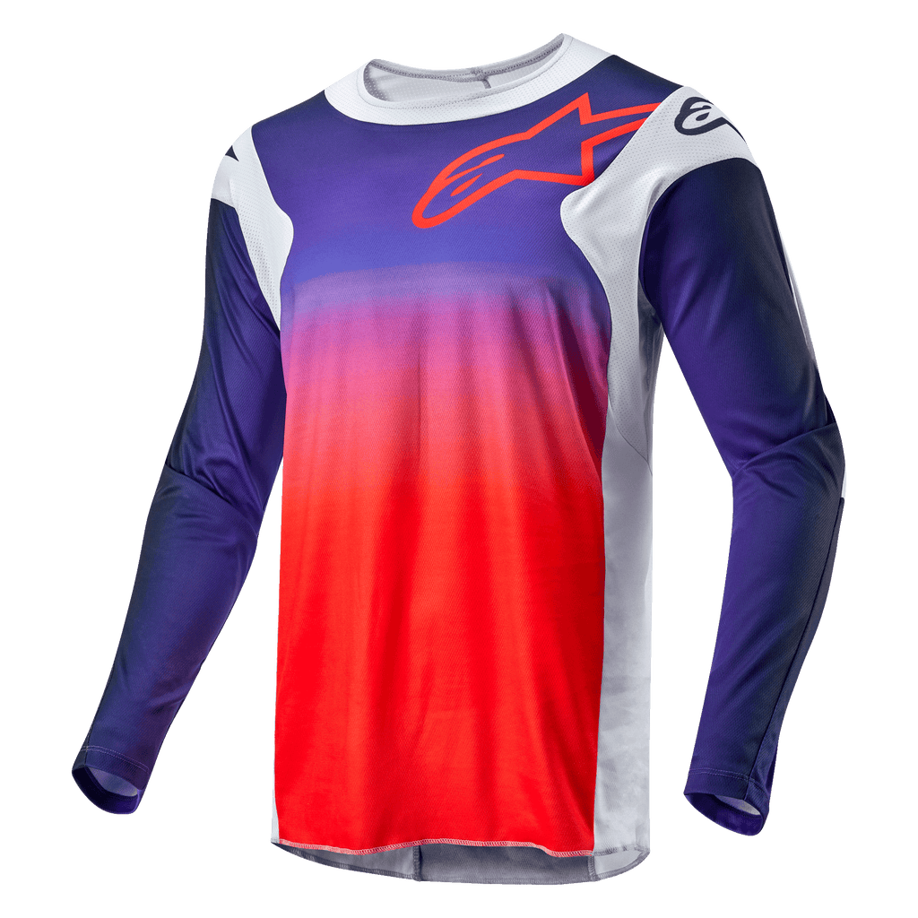 Alpinestars 2024 Racer Hoen Jersey, koszulka motocrossowa, gradient od granatowego do jaskrawopomarańczowego z jasnoszarymi panelami bocznymi, czerwony obrys logo Alpinestars na piersi, techniczna odzież z długim rękawem do jazdy terenowej