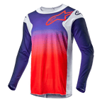 Alpinestars 2024 Racer Hoen Jersey, koszulka motocrossowa, gradient od granatowego do jaskrawopomarańczowego z jasnoszarymi panelami bocznymi, czerwony obrys logo Alpinestars na piersi, techniczna odzież z długim rękawem do jazdy terenowej