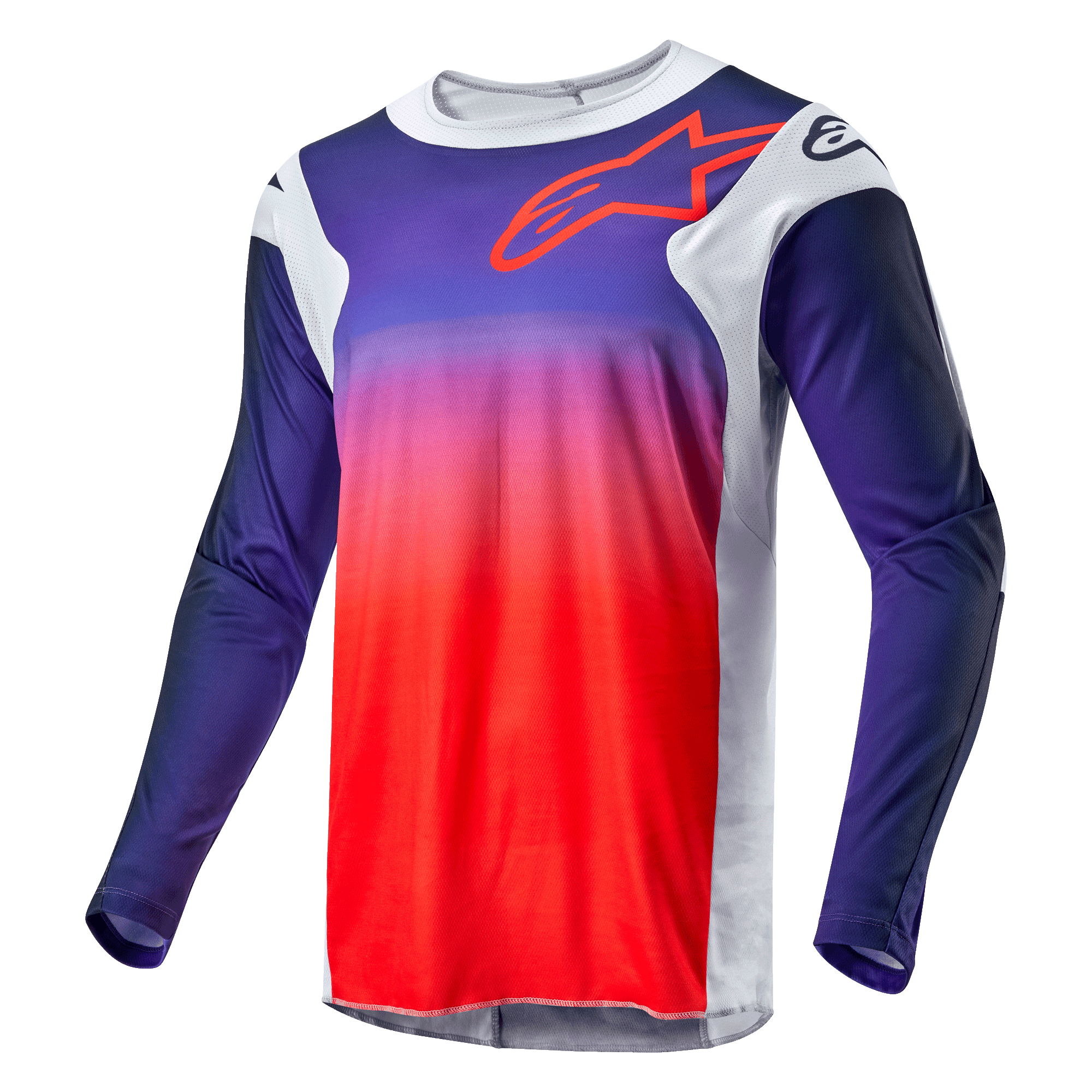 Alpinestars 2024 Racer Hoen Jersey, koszulka motocrossowa, gradient od granatowego do jaskrawopomarańczowego z jasnoszarymi panelami bocznymi, czerwony obrys logo Alpinestars na piersi, techniczna odzież z długim rękawem do jazdy terenowej