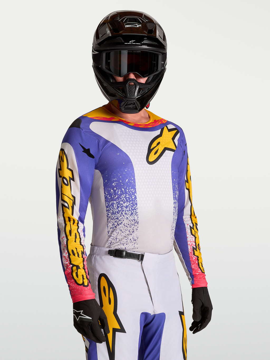 Alpinestars Fluid Drag Jersey, blue and yellow men's motocross jersey with moisture-wicking fabric for off-road performance.