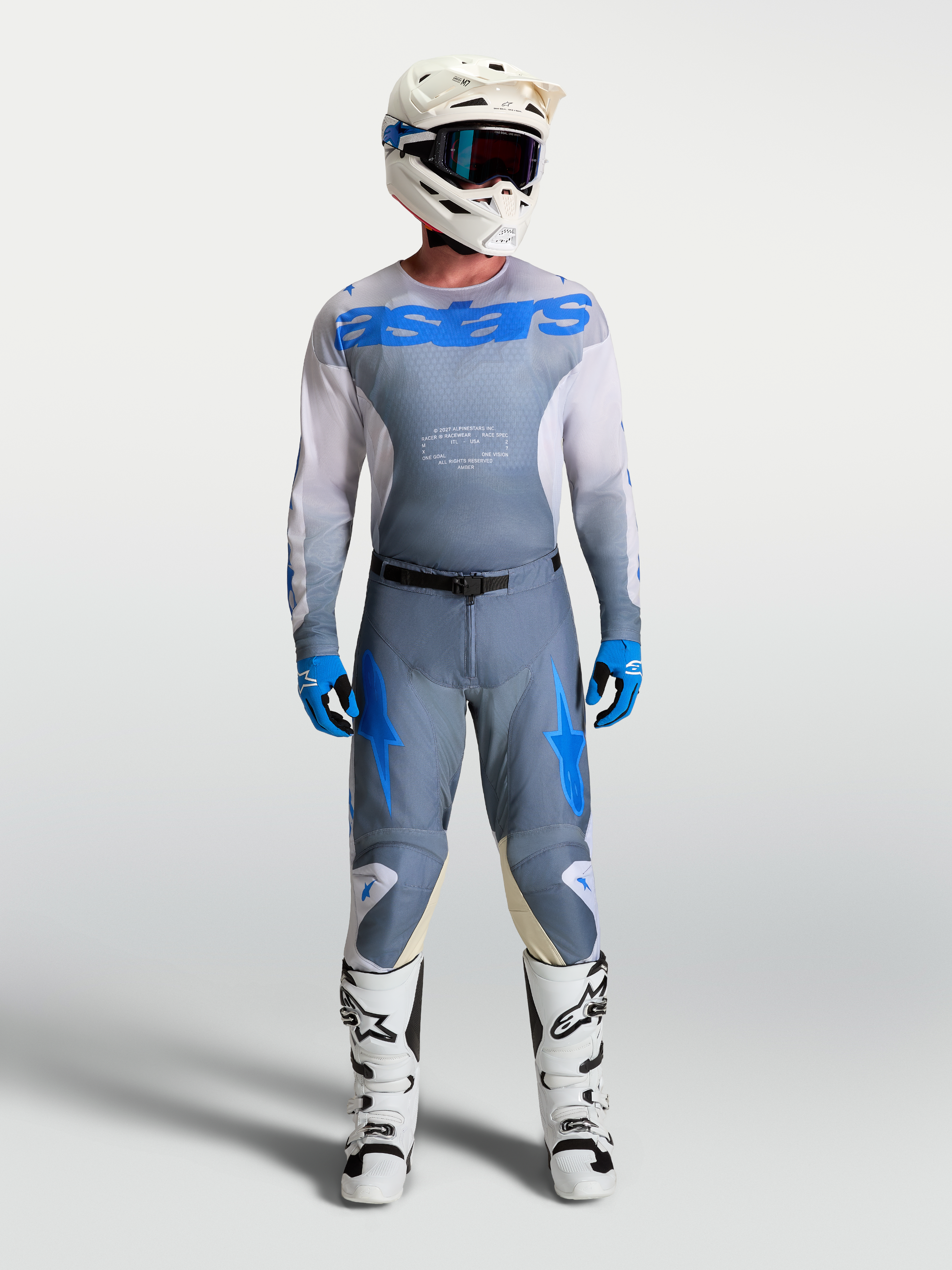 Alpinestars Racer Amber Pants and Jersey, Men's Motocross Gear Set, Ash Gray and UCLA Blue, white boots and helmet.