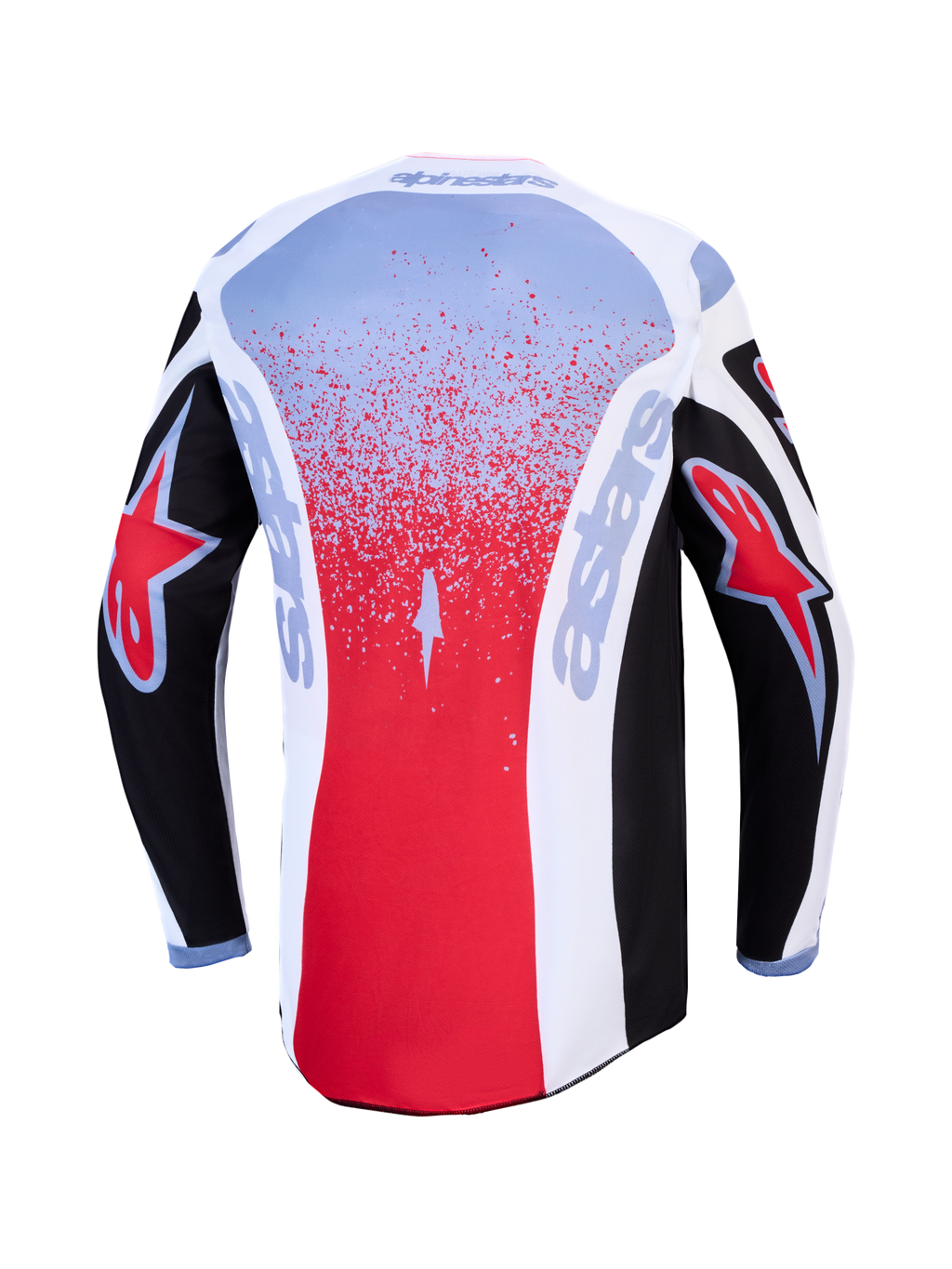 Alpinestars Fluid Drag 2027, czarno-czerwona koszulka motocrossowa, widok z tyłu, materiał odprowadzający wilgoć.