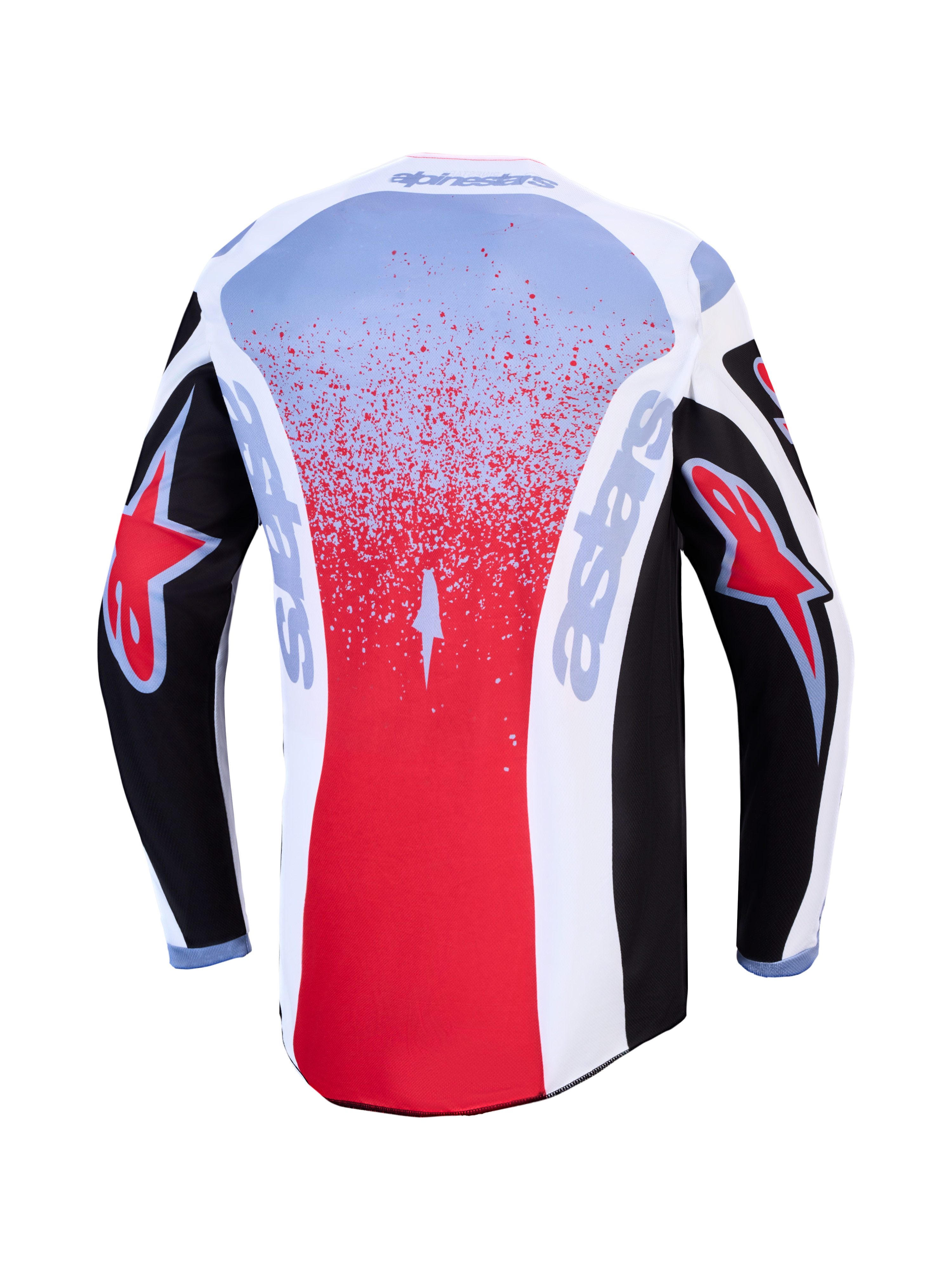 Alpinestars Fluid Drag 2027, czarno-czerwona koszulka motocrossowa, widok z tyłu, materiał odprowadzający wilgoć.