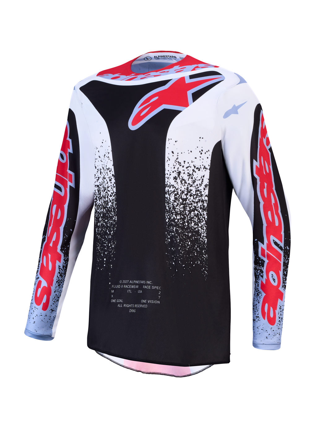 Alpinestars 2027 Fluid Drag Jersey, męska koszulka motocrossowa, czarno-biała z czerwonymi grafikami, materiał odprowadzający wilgoć.