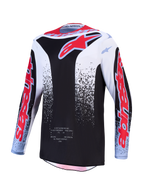 Alpinestars 2027 Fluid Drag Jersey, męska koszulka motocrossowa, czarno-biała z czerwonymi grafikami, materiał odprowadzający wilgoć.