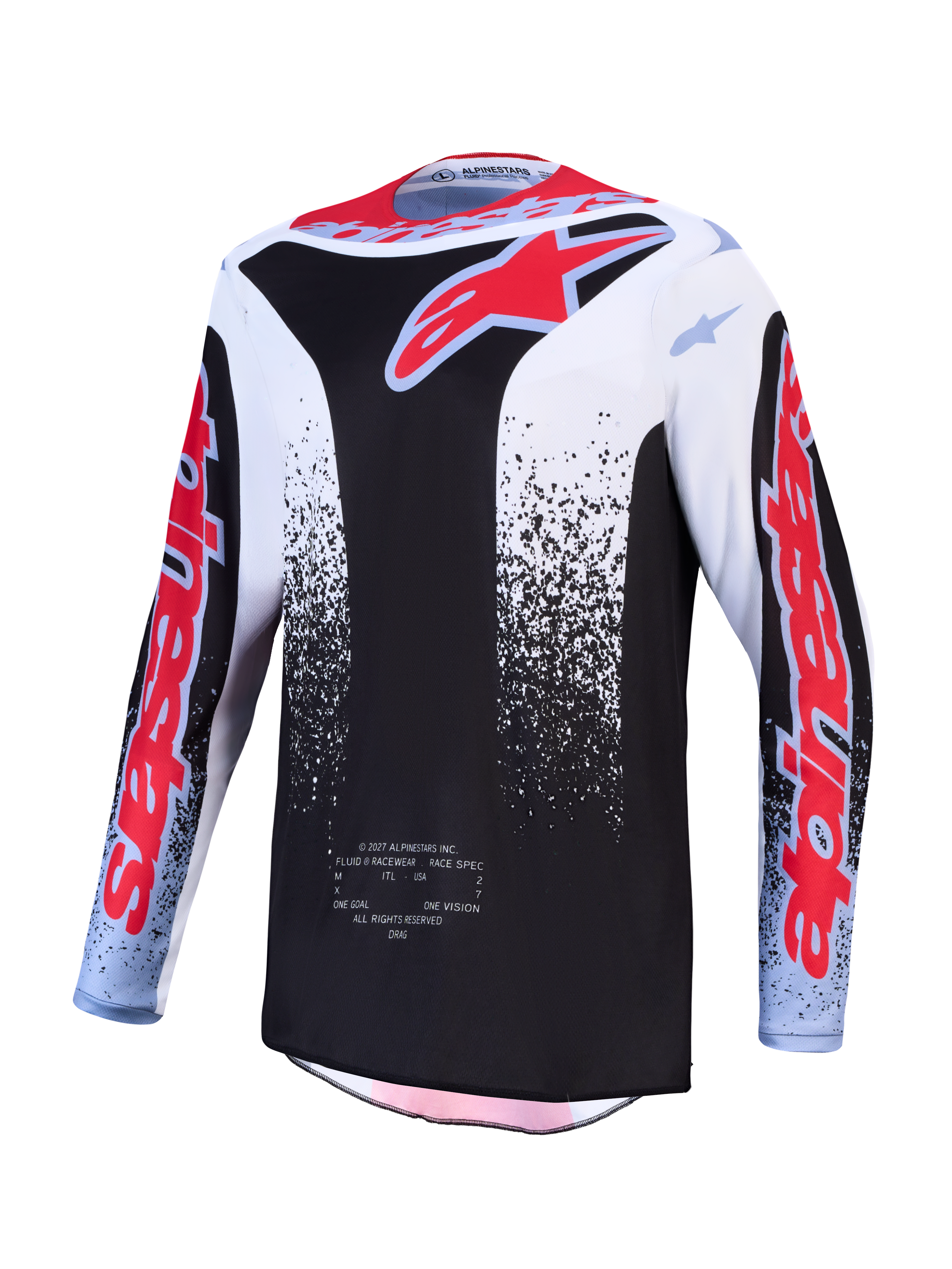 Alpinestars Fluid Drag Jersey, black and white motocross top with red fluo graphics and moisture-wicking textile fabric.