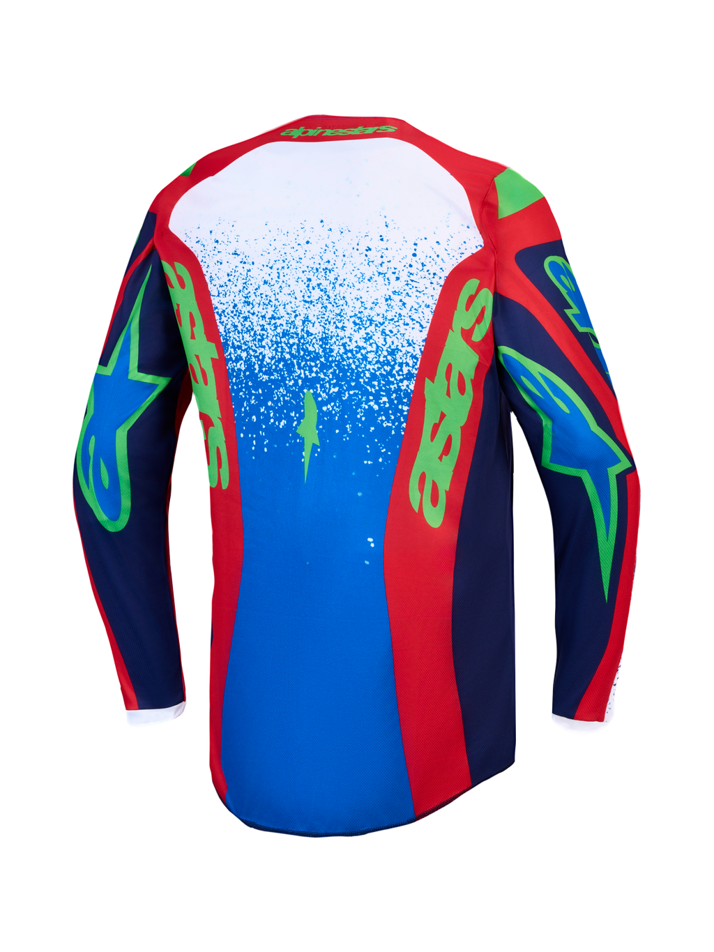 Alpinestars koszulka Fluid Drag, męska koszulka motocrossowa, niebieska i czerwona z zieloną grafiką, widok z tyłu.