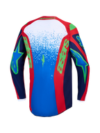 Alpinestars koszulka Fluid Drag, męska koszulka motocrossowa, niebieska i czerwona z zieloną grafiką, widok z tyłu.