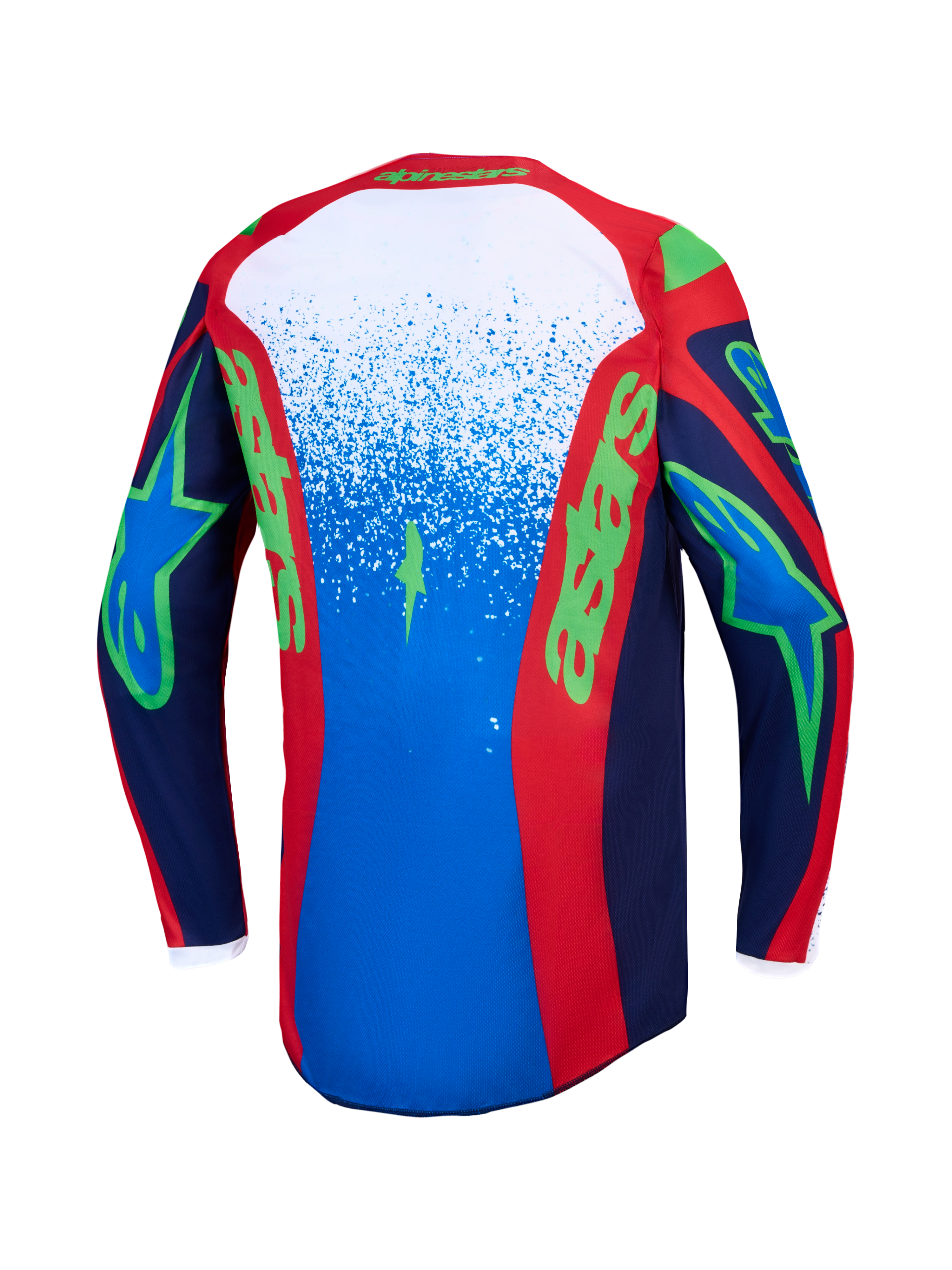 Alpinestars koszulka Fluid Drag, męska koszulka motocrossowa, niebieska i czerwona z zieloną grafiką, widok z tyłu.