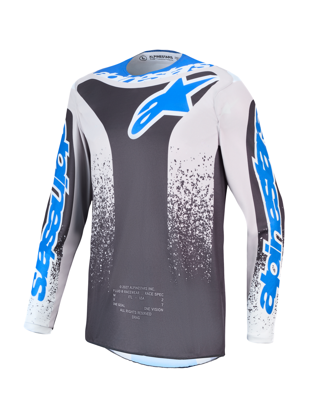 Alpinestars Fluid Drag Jersey, Men's Motocross Jersey, Gray and Blue, moisture-wicking polyfabric construction.