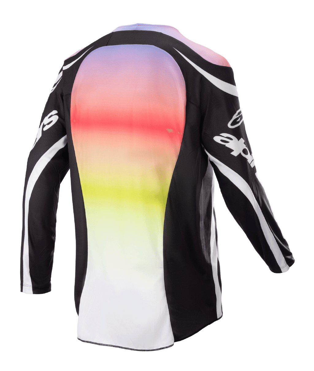 Alpinestars 2023 Racer Semi Jersey, koszulka motocrossowa, kolor czarny wielokolorowy, widok z tyłu z dużym centralnym panelem z wyrazistym gradientem od fioletu do żółtego, czarne rękawy i ramiona z białymi akcentami logo i zakrzywionymi liniami, zaprojektowana z myślą o wydajności w terenie