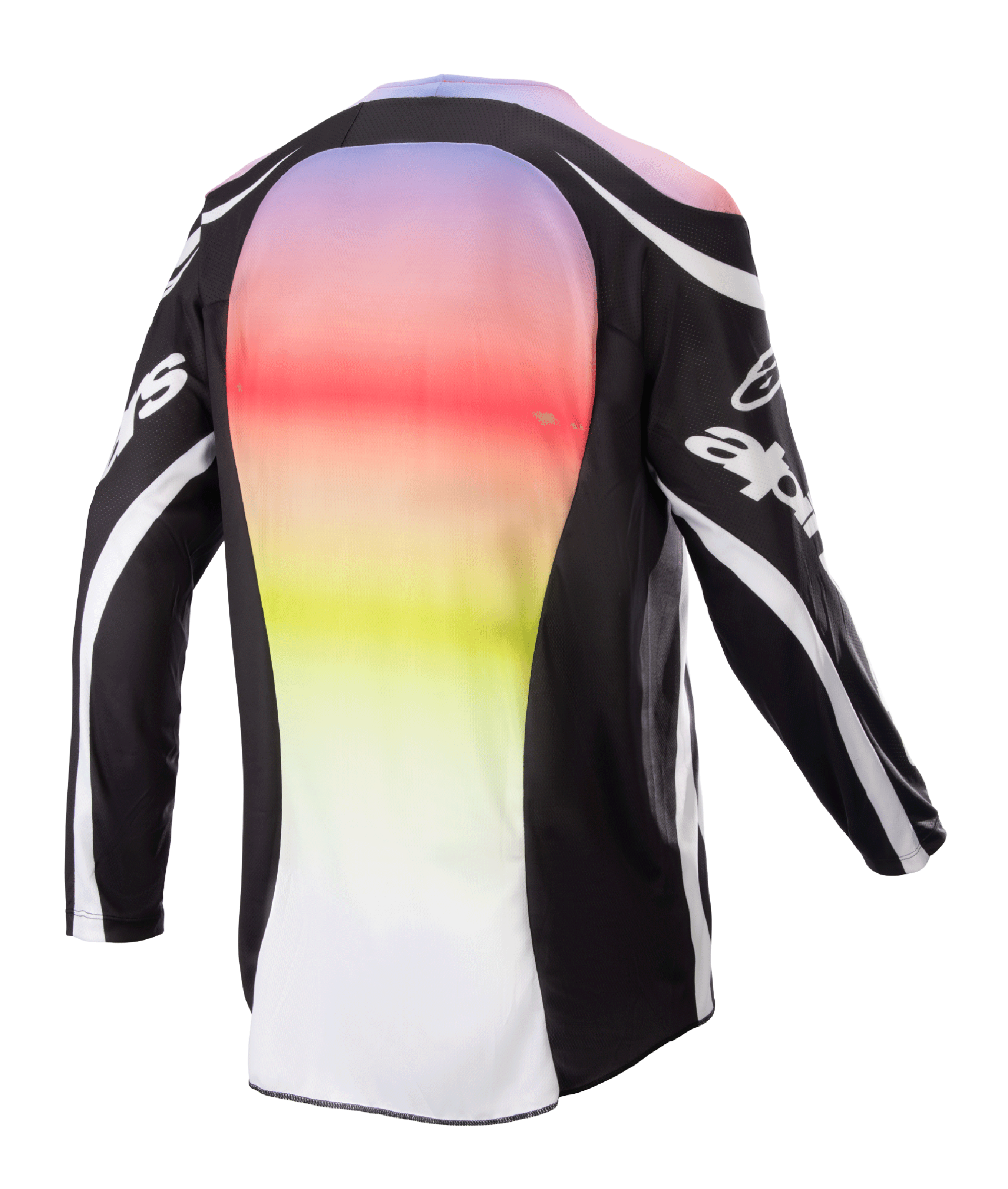 Alpinestars 2023 Racer Semi Jersey, koszulka motocrossowa, kolor czarny wielokolorowy, widok z tyłu z dużym centralnym panelem z wyrazistym gradientem od fioletu do żółtego, czarne rękawy i ramiona z białymi akcentami logo i zakrzywionymi liniami, zaprojektowana z myślą o wydajności w terenie
