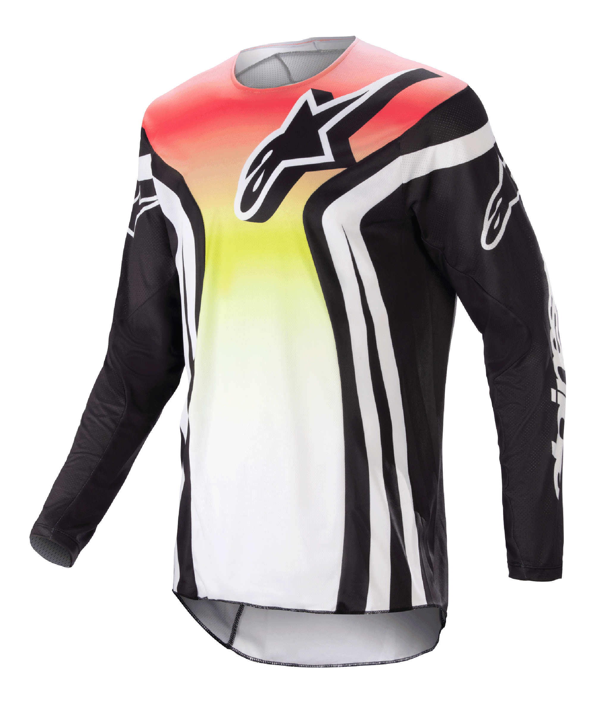 Alpinestars 2023 Racer Semi Jersey, koszulka motocrossowa z długim rękawem, czarna i wielokolorowa z czerwono-żółto-białym gradientem, wyraziste logo na klatce piersiowej i białe paski na rękawach, lekki materiał odprowadzający wilgoć zapewniający wydajność w terenie