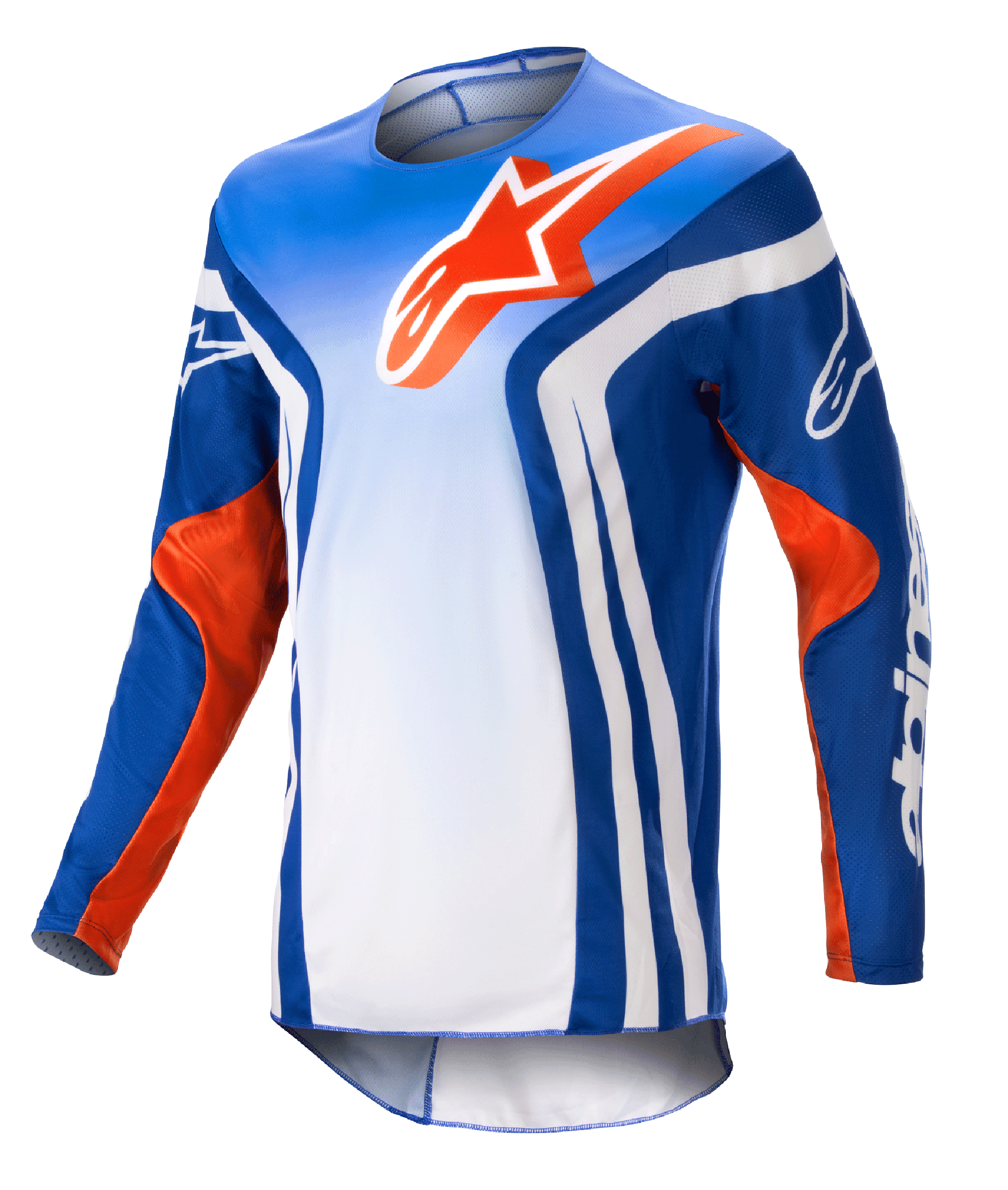 Alpinestars 2023 Racer Semi Jersey, koszulka motocrossowa z długim rękawem, niebiesko-biały gradient z jaskrawopomarańczowymi akcentami, duże pomarańczowe logo Alpinestars na klatce piersiowej, wyraźne białe pionowe pasy po bokach, lekki materiał odprowadzający wilgoć do jazdy terenowej