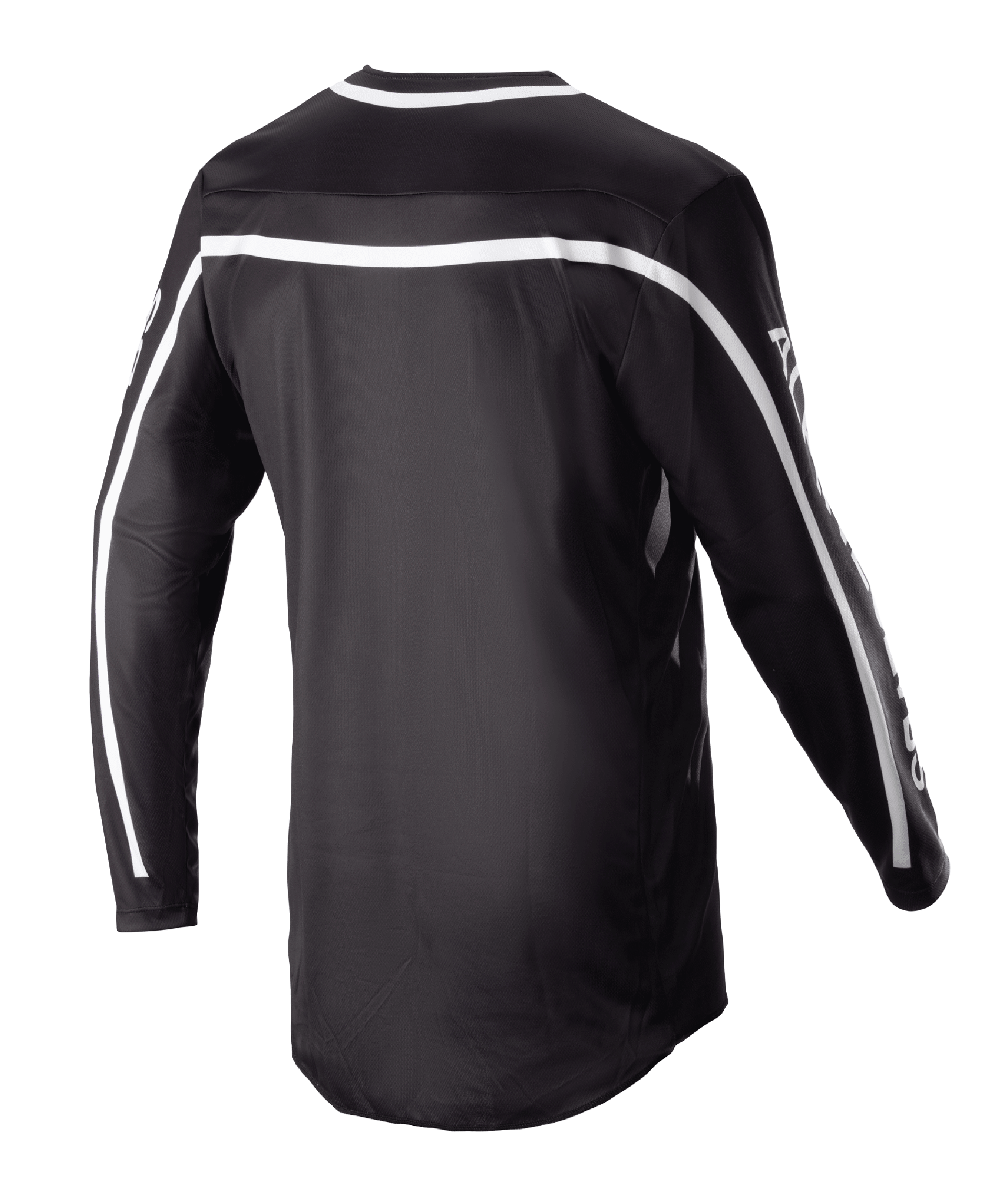 Alpinestars 2023 Racer Found Jersey, czarna koszulka motocrossowa, widok z tyłu z białymi pasami na ramionach i rękawach, konstrukcja z długim rękawem i przedłużonym tyłem, lekki i oddychający materiał o wysokiej wydajności