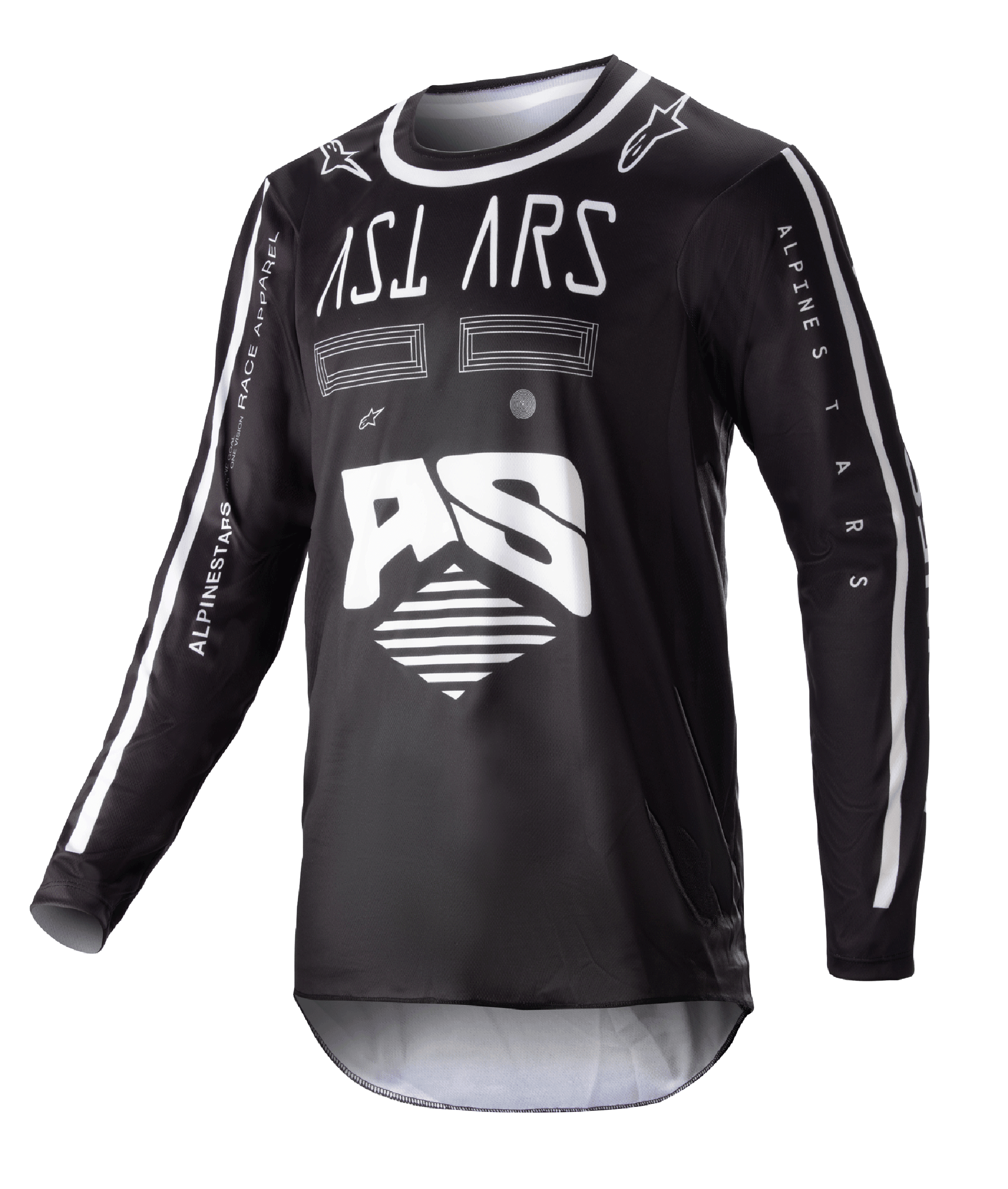 Alpinestars 2023 Racer Found Jersey, czarna koszulka motocrossowa z długim rękawem, białe abstrakcyjne grafiki i duże logo AS, branding ASTARS na piersi, okrągły kołnierz z białą lamówką, wyczynowa odzież wyścigowa