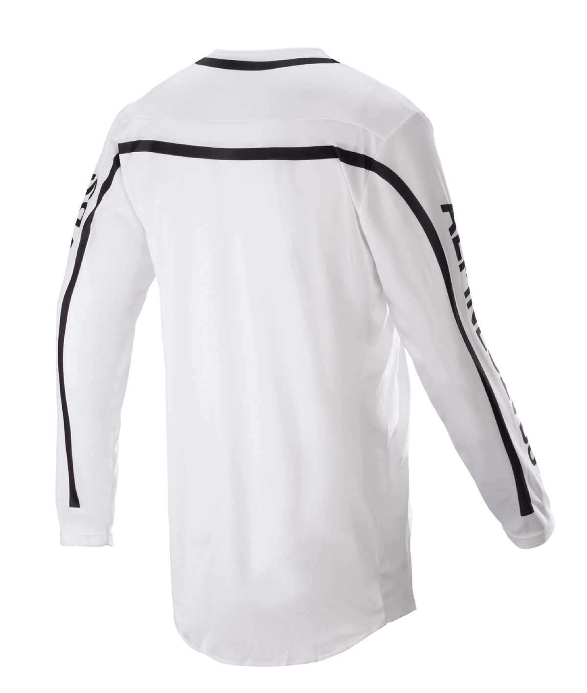 Alpinestars 2023 Racer Found Jersey, koszulka motocrossowa, biała, widok z tyłu z czarnymi paskami na ramionach i rękawach, przedłużony tył dla lepszej osłony, lekka konstrukcja z tkaniny poliestrowej