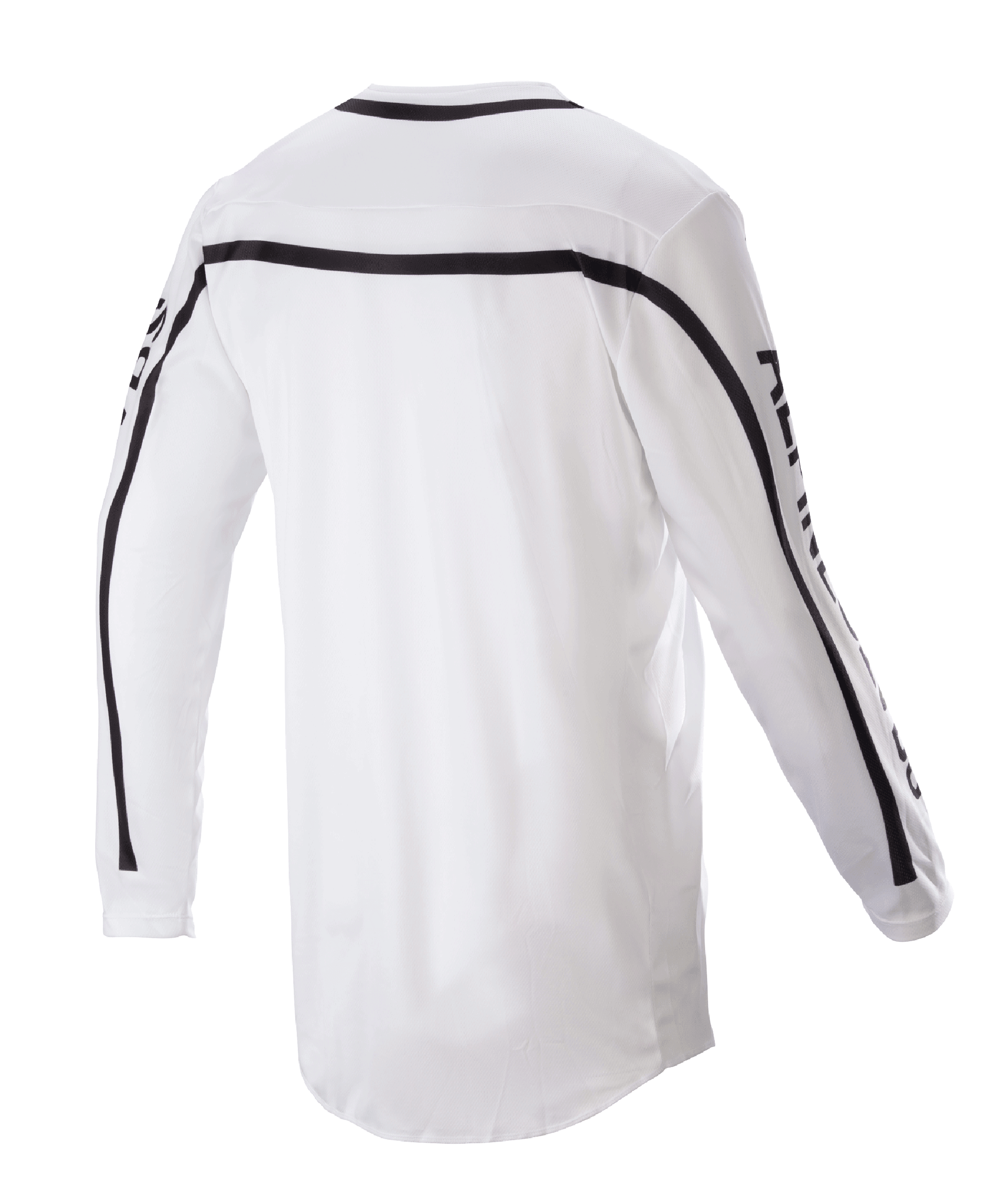 Alpinestars 2023 Racer Found Jersey, koszulka motocrossowa, biała, widok z tyłu z czarnymi paskami na ramionach i rękawach, przedłużony tył dla lepszej osłony, lekka konstrukcja z tkaniny poliestrowej