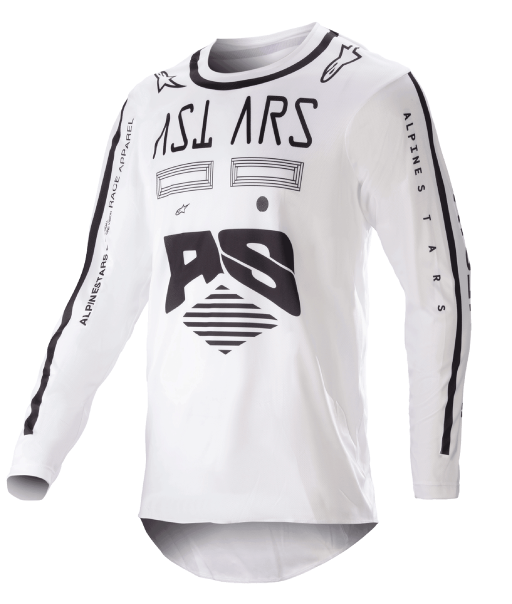 Alpinestars 2023 Racer Found Jersey, koszulka motocrossowa, biało-czarna, wyraźne czarne grafiki i branding na klatce piersiowej i rękawach, lekki materiał techniczny z czarnym kołnierzykiem, odzież wyścigowa off-road