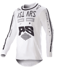 Alpinestars 2023 Racer Found Jersey, koszulka motocrossowa, biało-czarna, wyraźne czarne grafiki i branding na klatce piersiowej i rękawach, lekki materiał techniczny z czarnym kołnierzykiem, odzież wyścigowa off-road