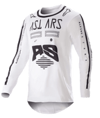 Alpinestars 2023 Racer Found Jersey, koszulka motocrossowa, biało-czarna, wyraźne czarne grafiki i branding na klatce piersiowej i rękawach, lekki materiał techniczny z czarnym kołnierzykiem, odzież wyścigowa off-road