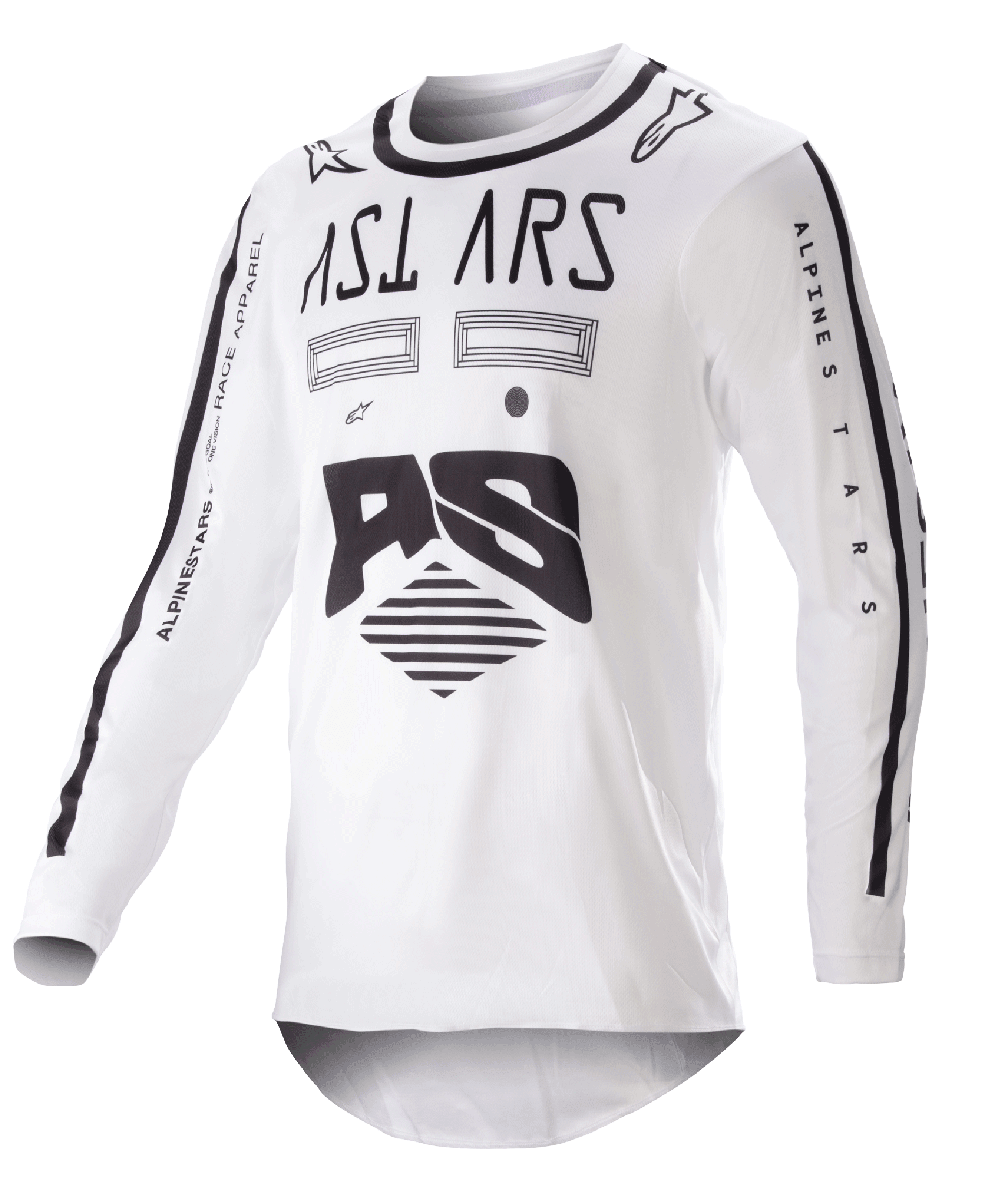 Alpinestars 2023 Racer Found Jersey, koszulka motocrossowa, biało-czarna, wyraźne czarne grafiki i branding na klatce piersiowej i rękawach, lekki materiał techniczny z czarnym kołnierzykiem, odzież wyścigowa off-road