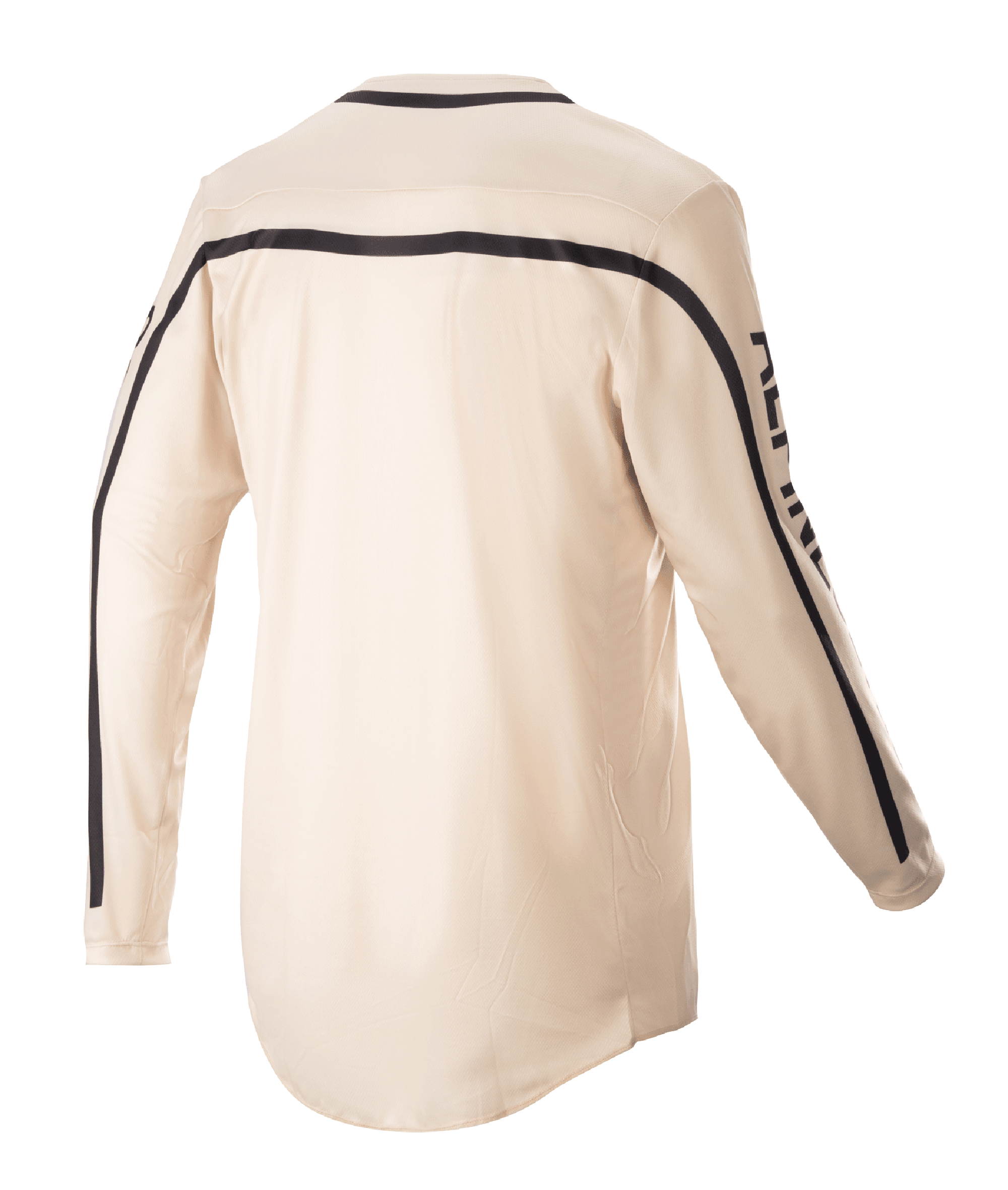 Alpinestars 2023 Racer Found Jersey, koszulka motocrossowa, kolor Mountain (beżowy), widok z tyłu, z czarnymi pasami na ramionach i wzdłuż rękawów, ergonomiczny krój z wydłużonym tyłem zapewniający lepszą osłonę podczas jazdy