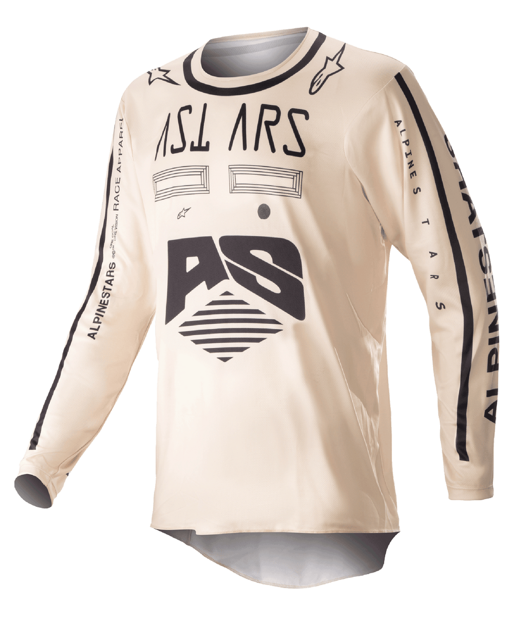 Alpinestars Racer Found Jersey 2023, koszulka motocrossowa, beżowa z czarnymi grafikami, odzież off-road z długim rękawem, z logo AS i napisami na rękawach